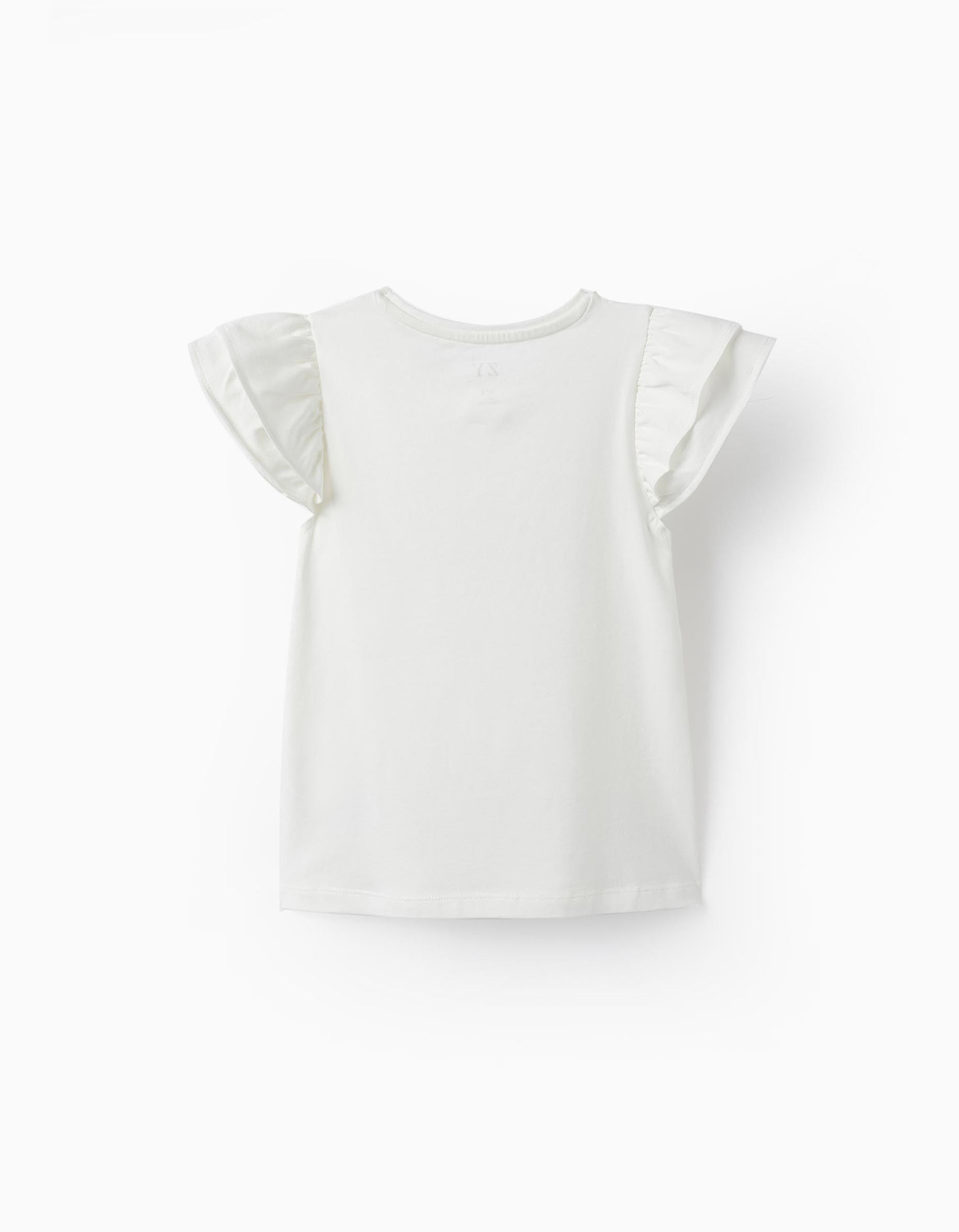 Cotton Jersey T-Shirt with Ruffles and Sparkles for Girls, White
