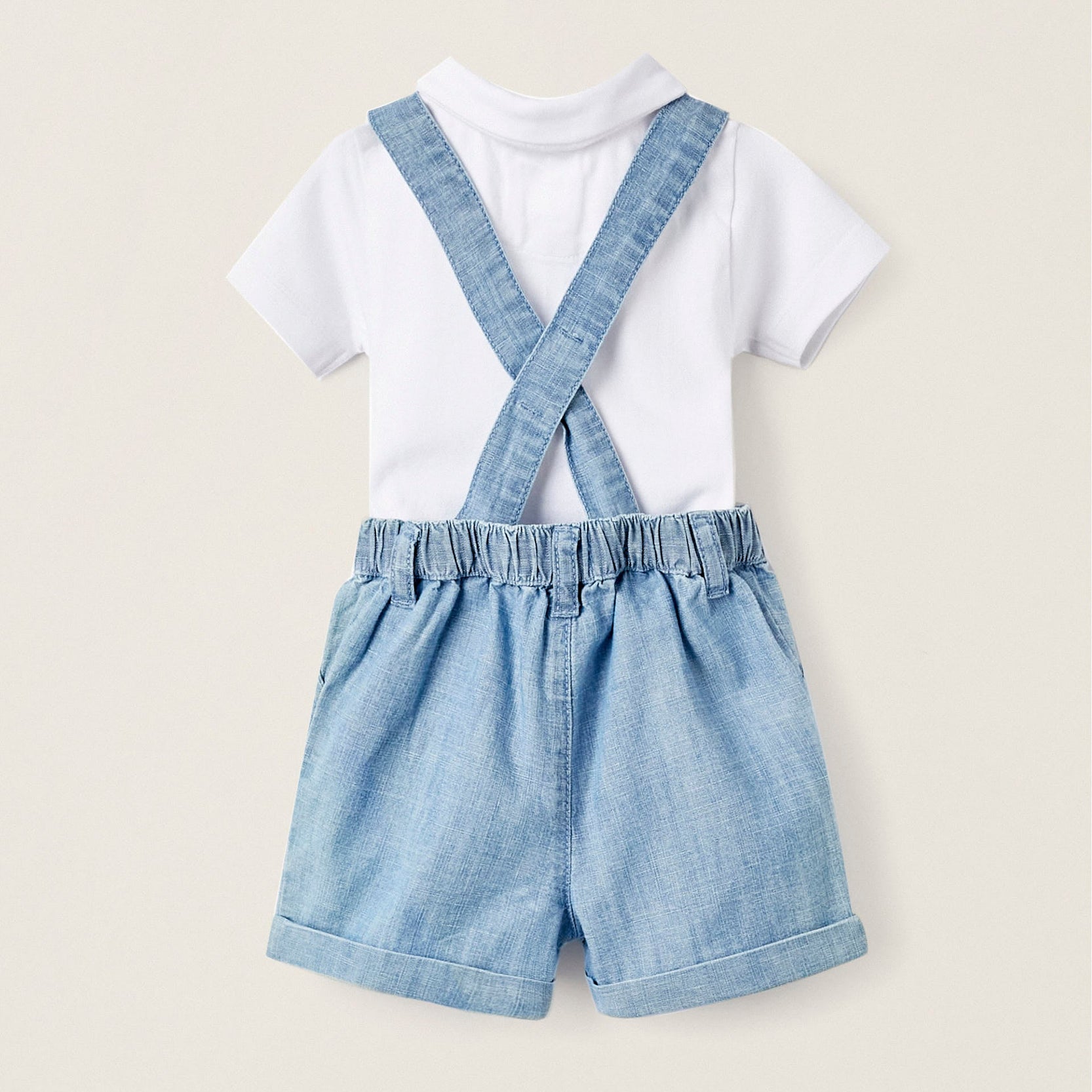 Set of Newborn Wrapover Bodysuit + Bloomers, White/Blue