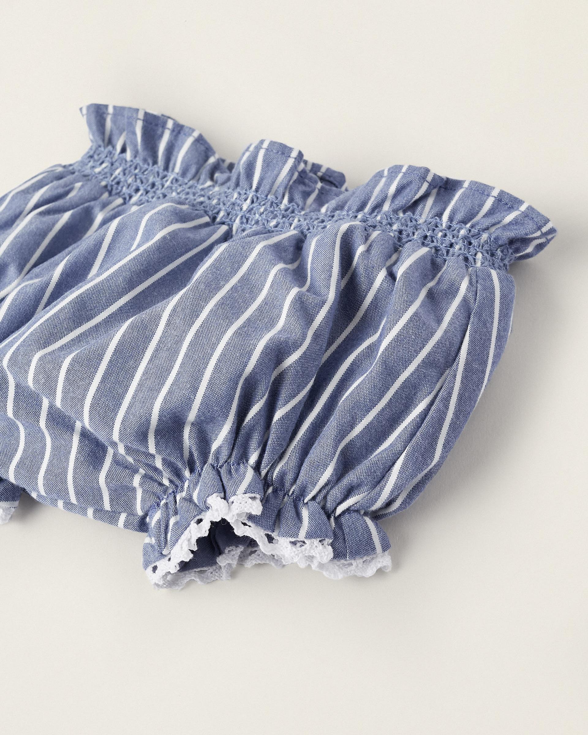 Striped Diaper Cover with Lace for Newborn Girls, Blue/White