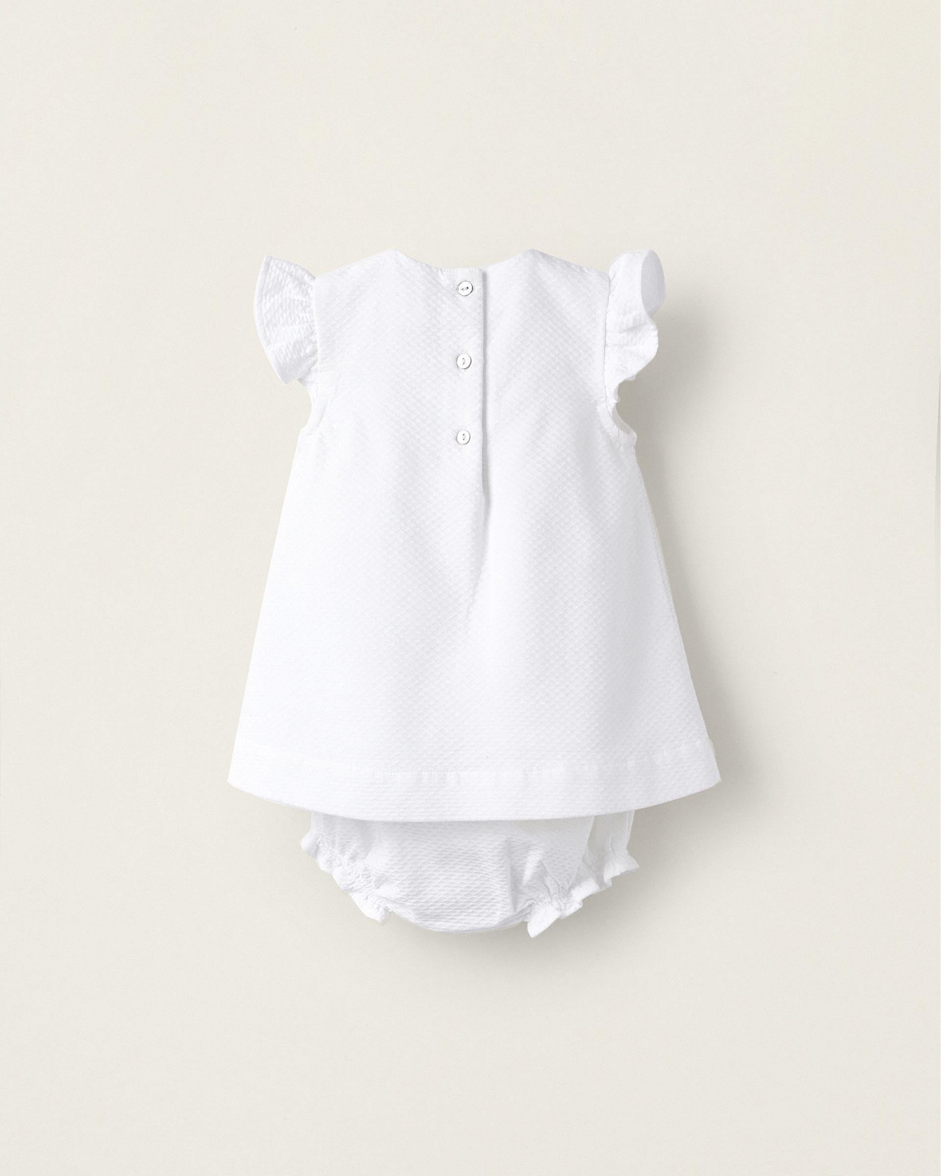 Cotton Dress + Bloomers for Newborn Girls, White