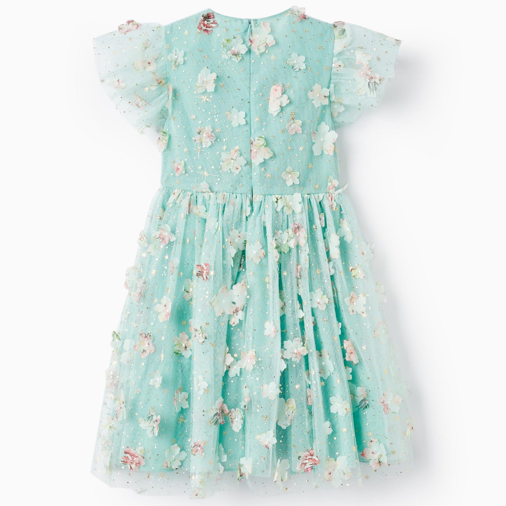 Dress with Tulle and Flowers for Girls, Mint/Gold