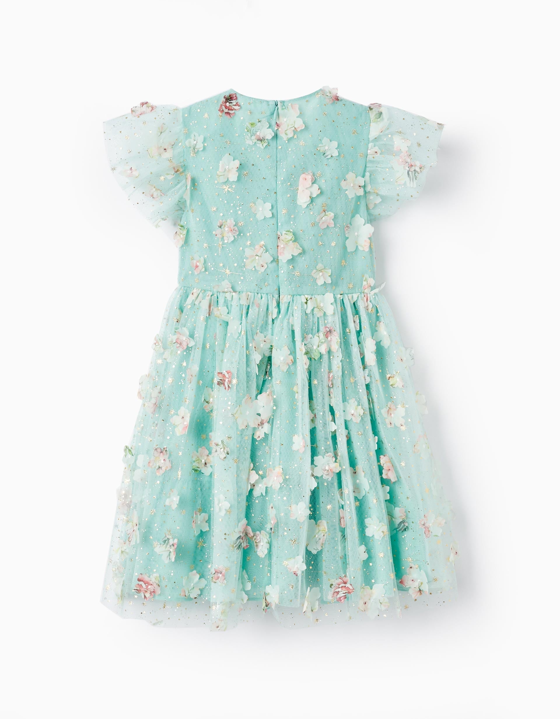 Dress with Tulle and Flowers for Girls, Mint/Gold