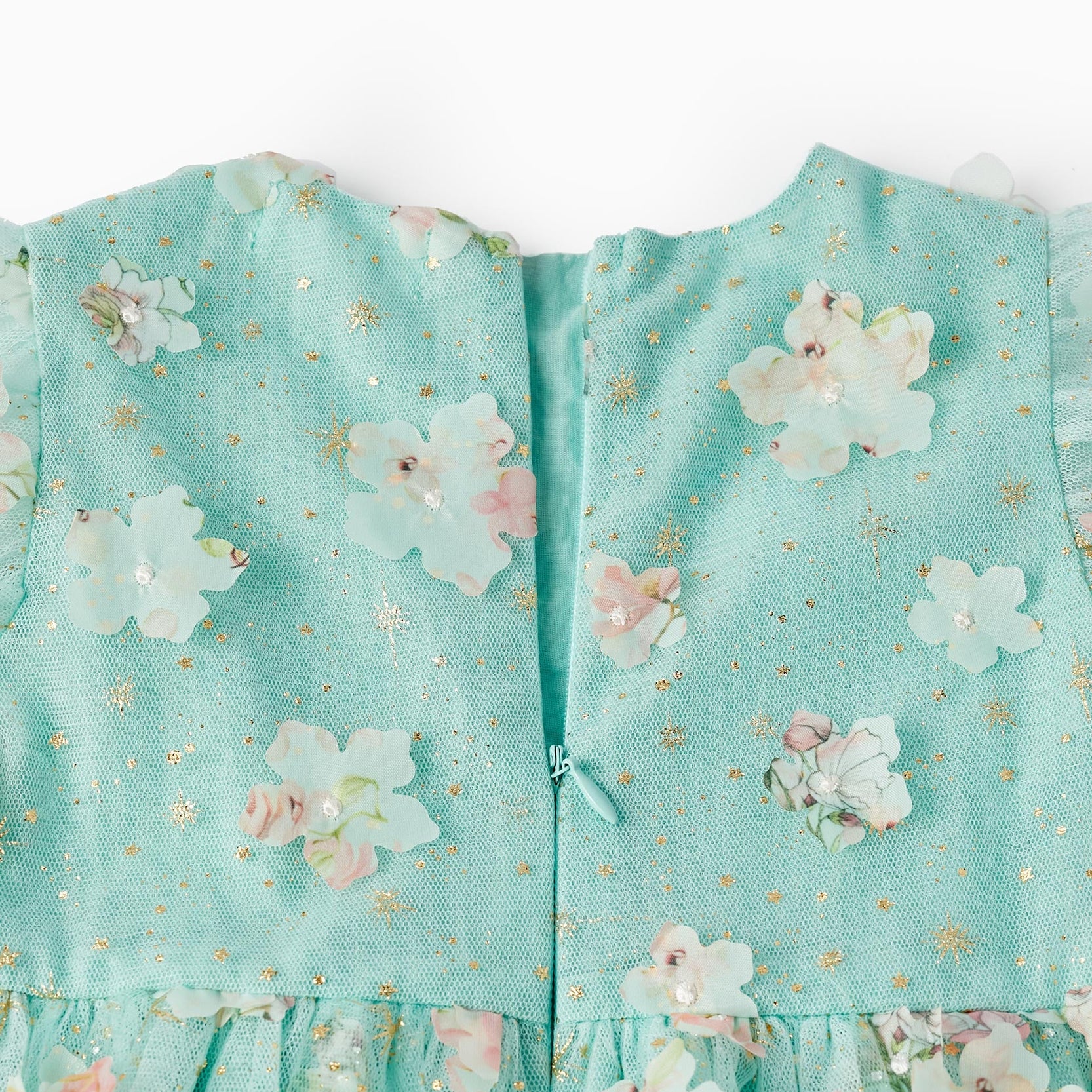 Dress with Tulle and Flowers for Girls, Mint/Gold