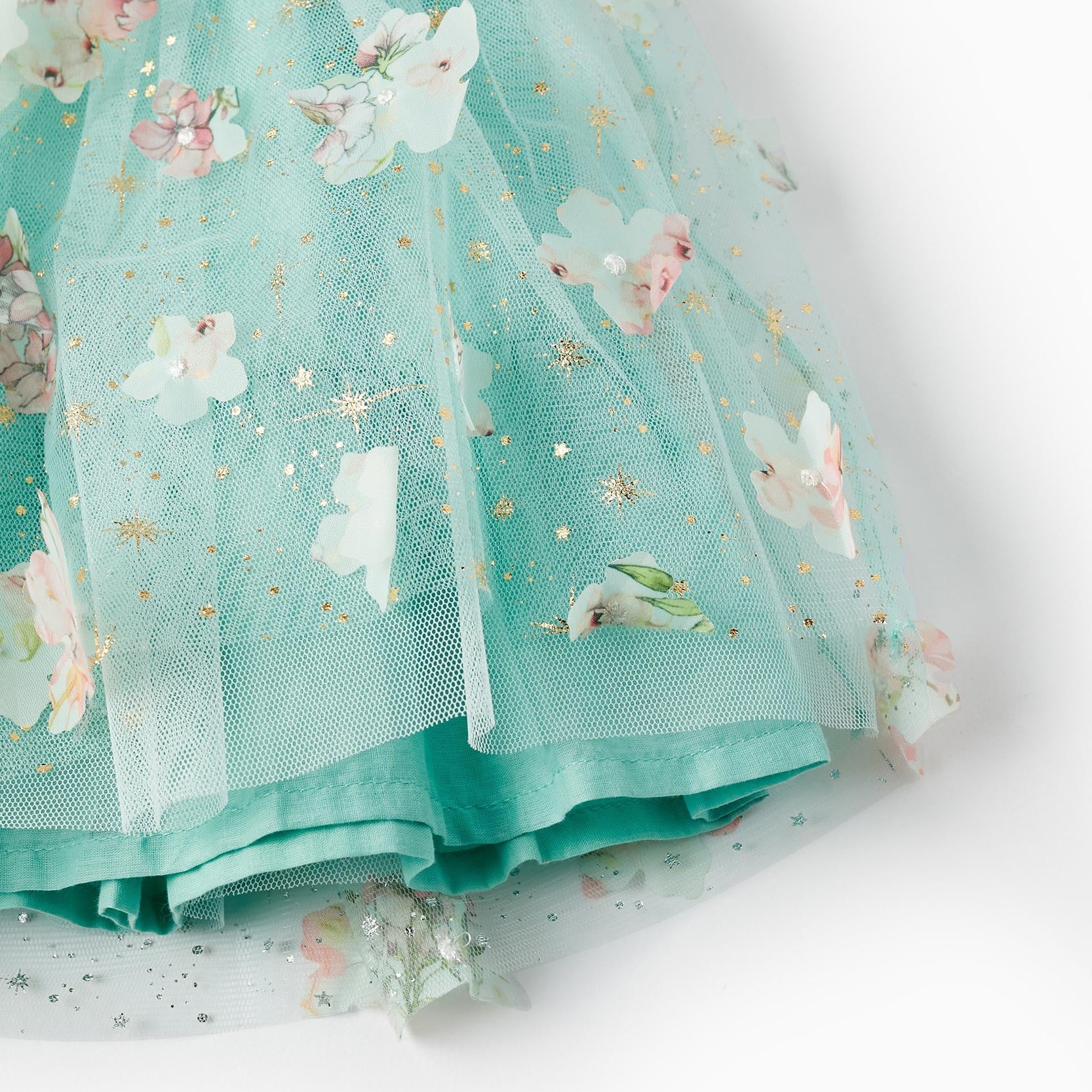 Dress with Tulle and Flowers for Girls, Mint/Gold