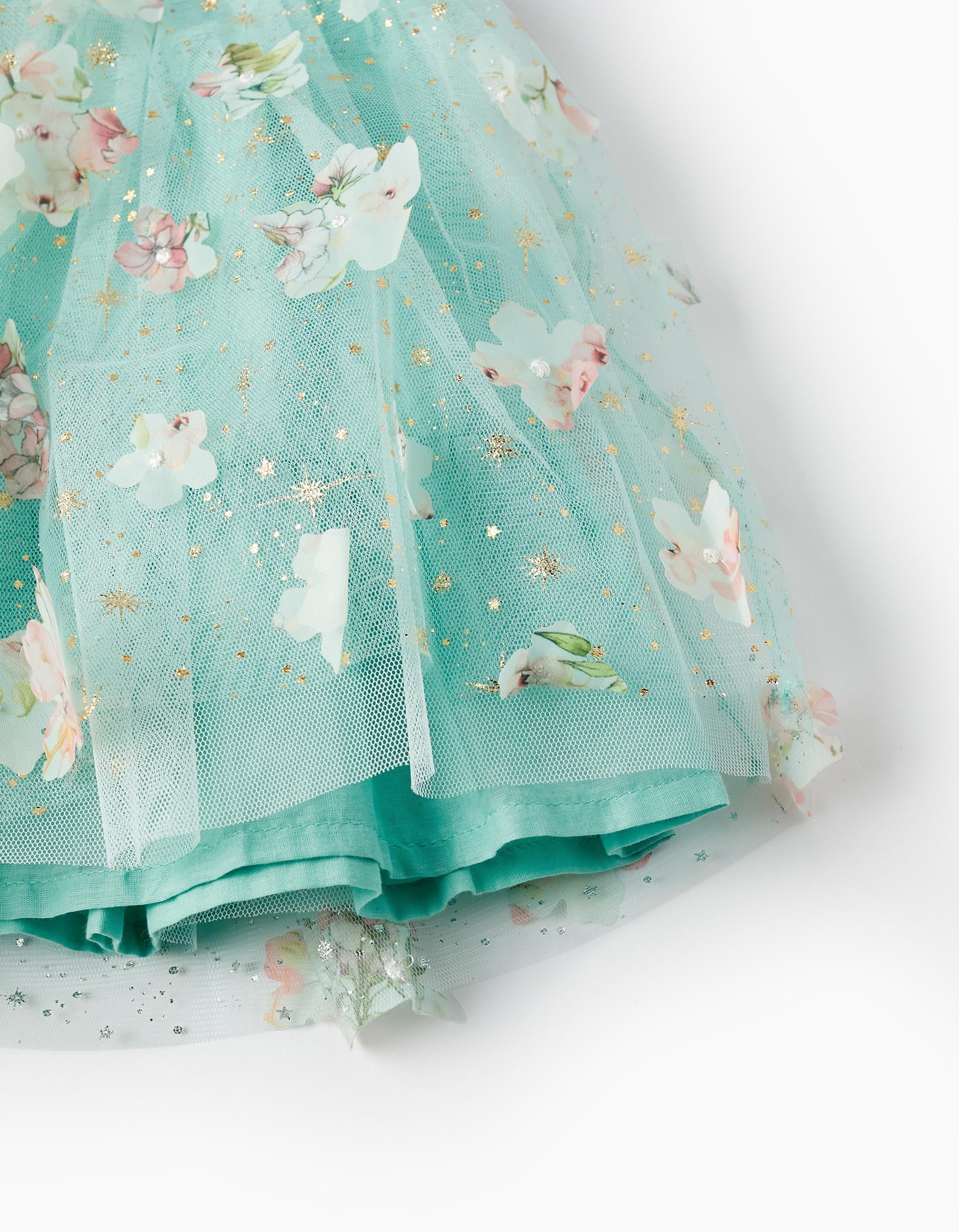 Dress with Tulle and Flowers for Girls, Mint/Gold