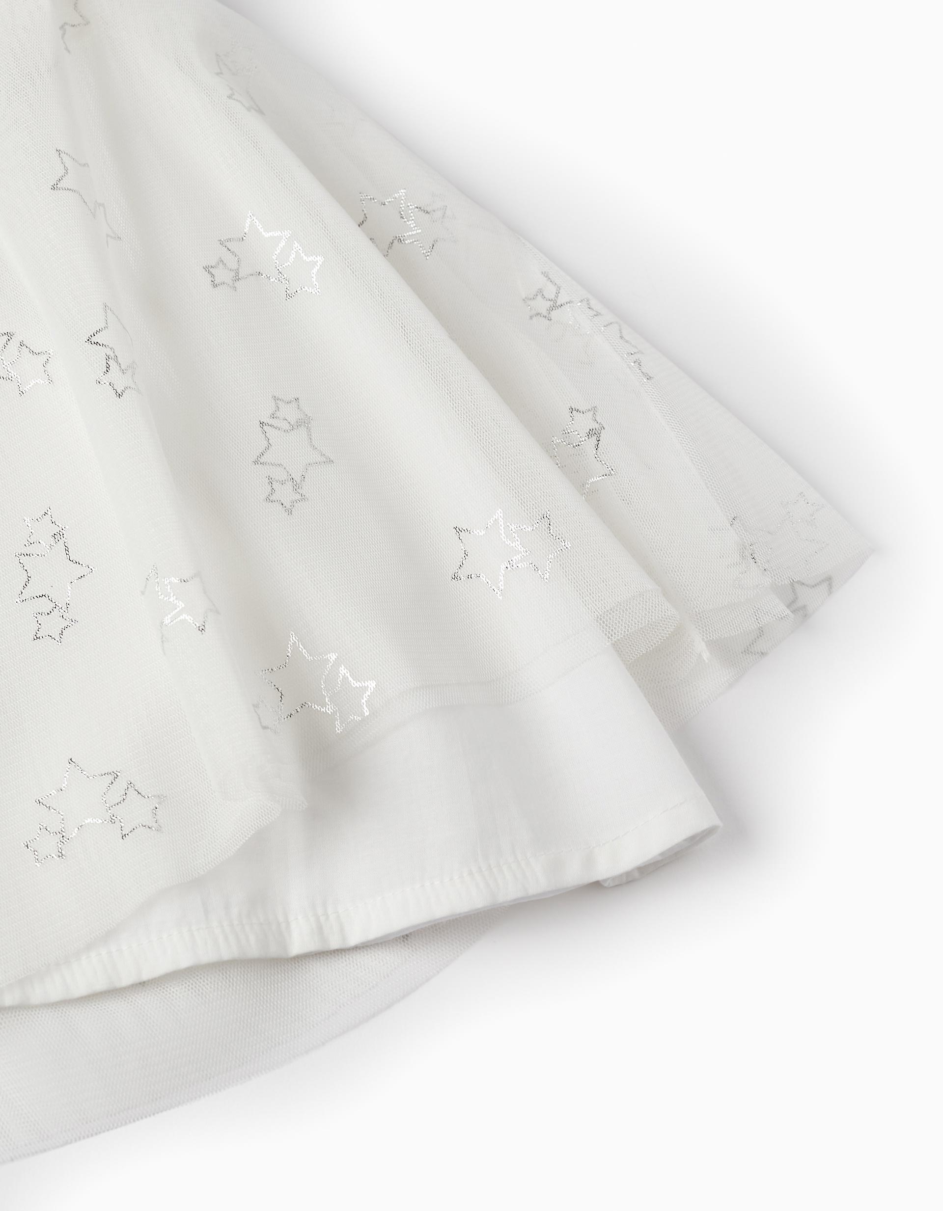 Dress in Tulle and Cotton for Baby Girls 'Special Days - Stars', White