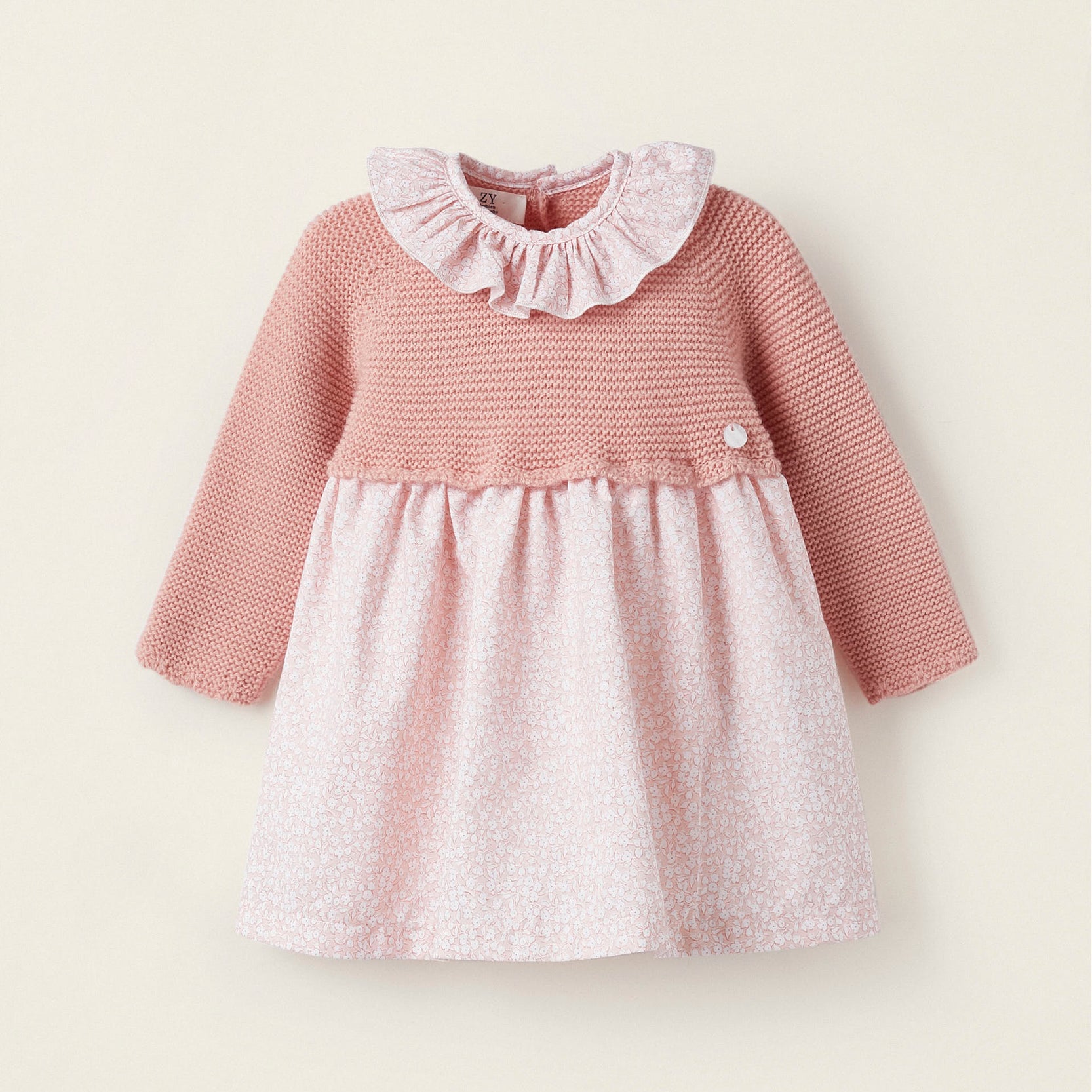 Combined Knit and Cotton Dress for Newborn Girls, Pink