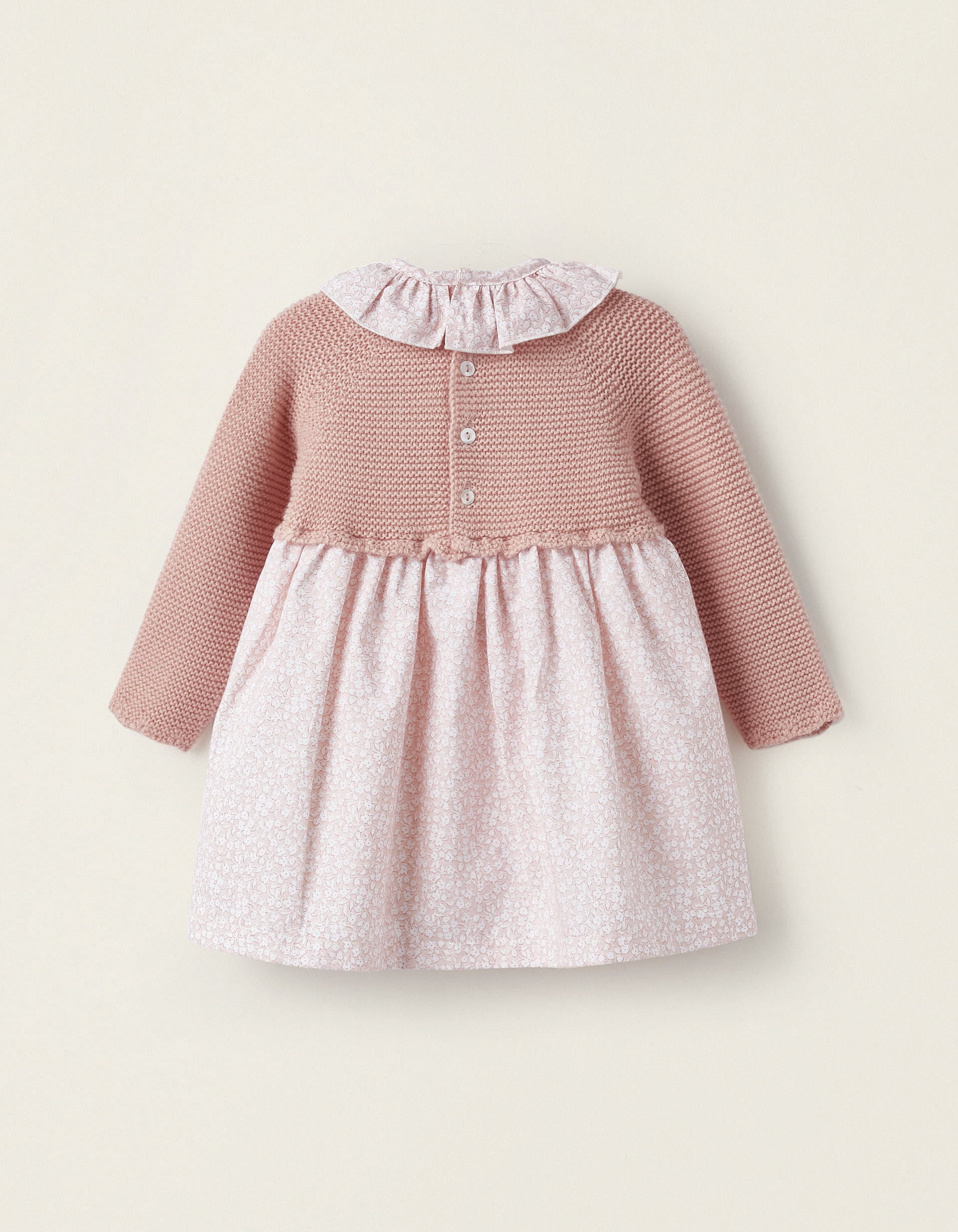 Combined Knit and Cotton Dress for Newborn Girls, Pink