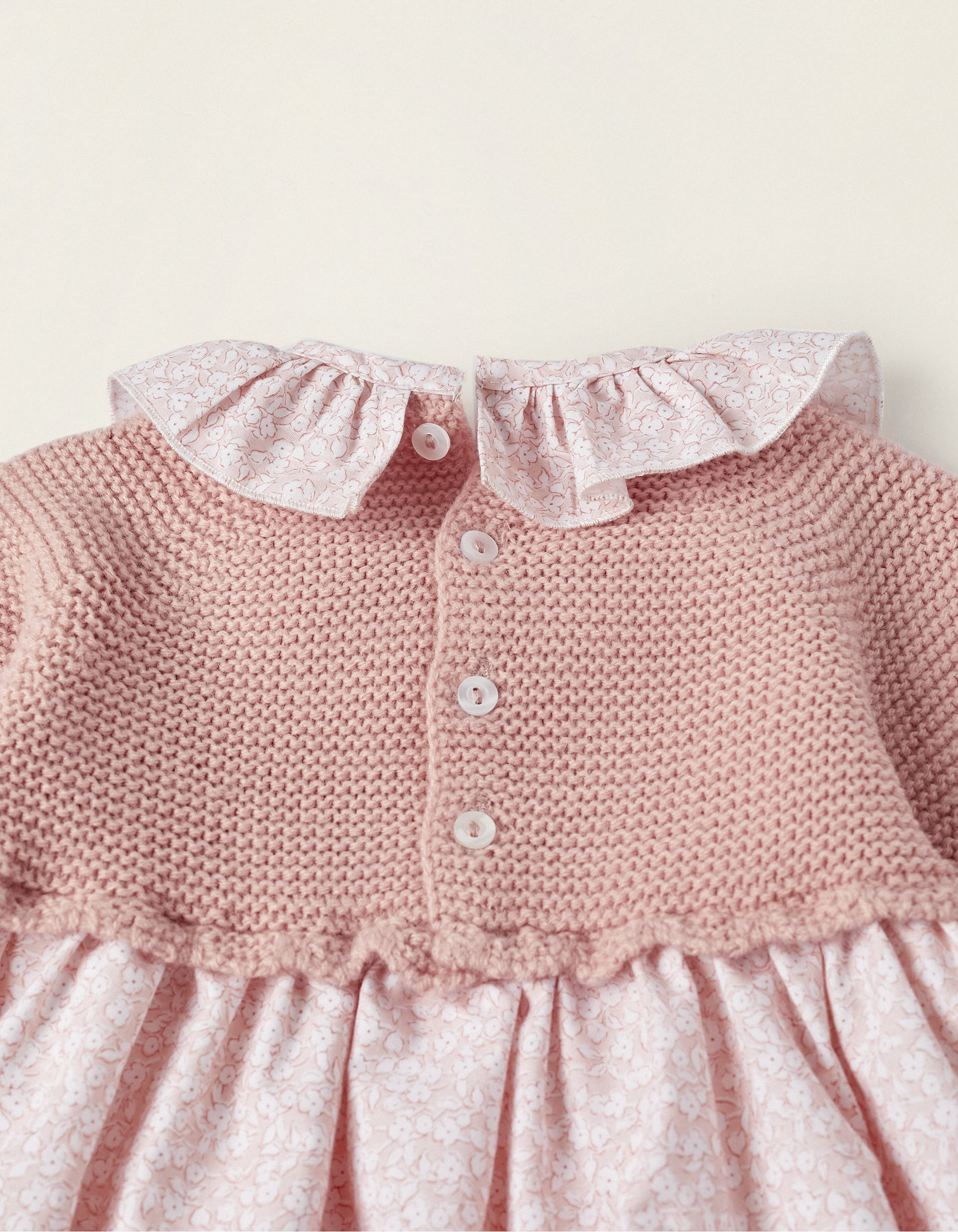 Combined Knit and Cotton Dress for Newborn Girls, Pink