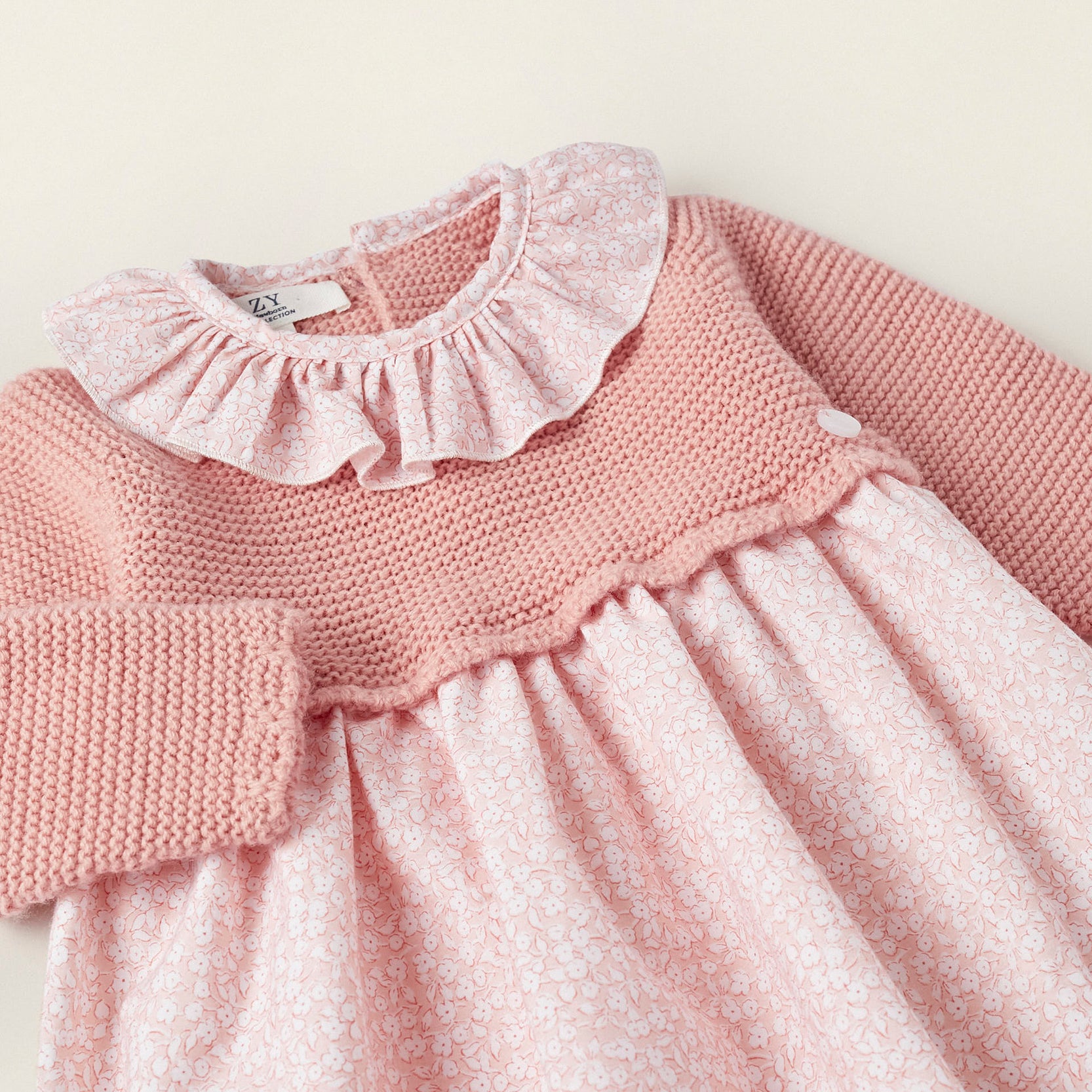 Combined Knit and Cotton Dress for Newborn Girls, Pink