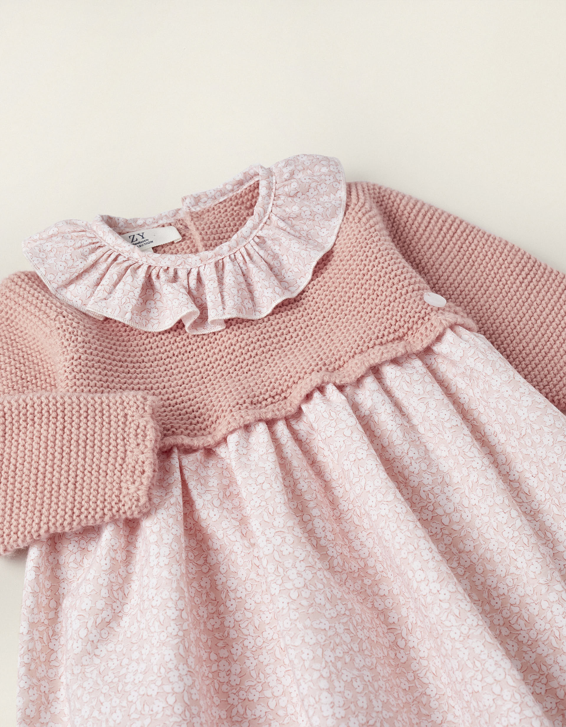 Combined Knit and Cotton Dress for Newborn Girls, Pink