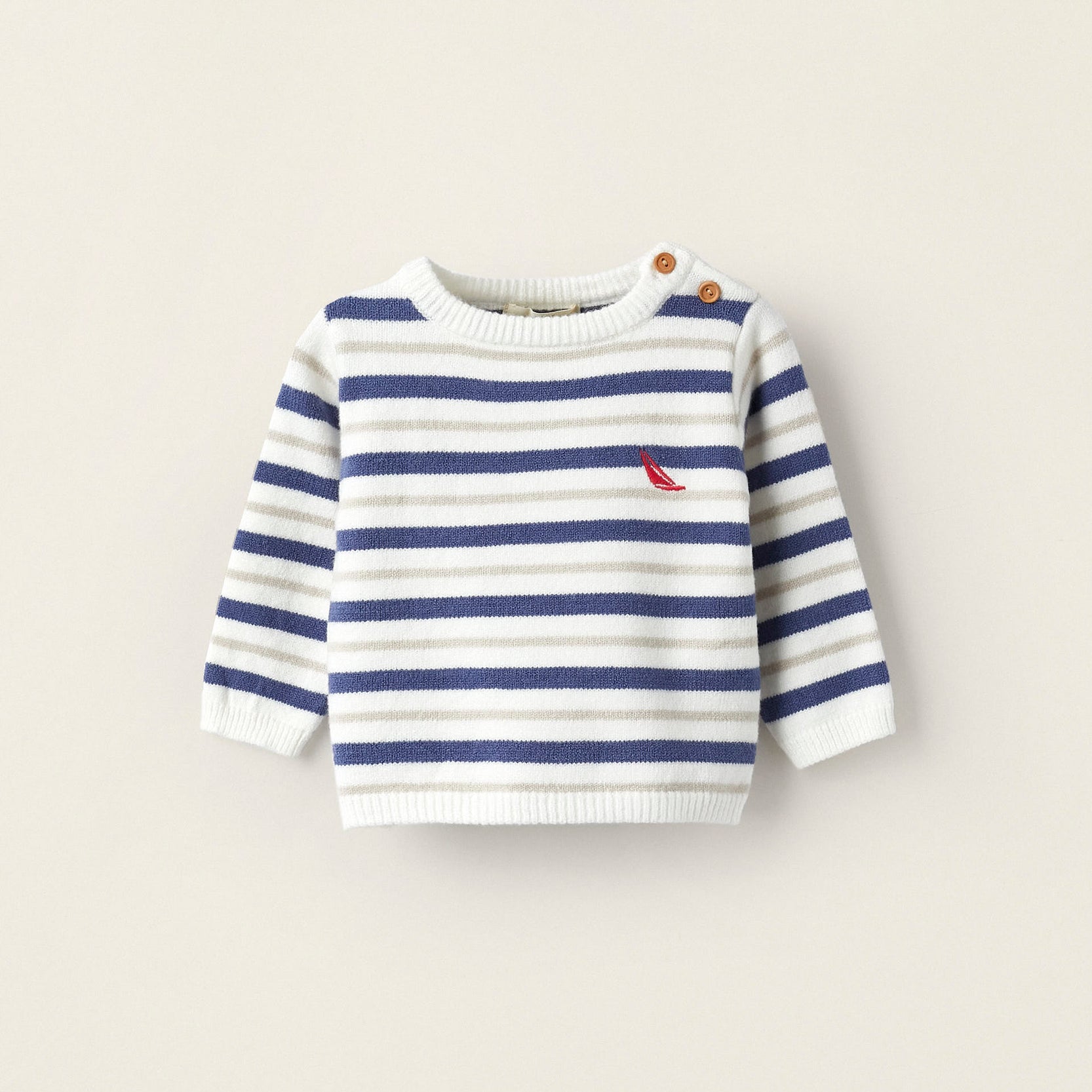 Striped Knit Jumper for Newborn Boys, Blue/White/Beige
