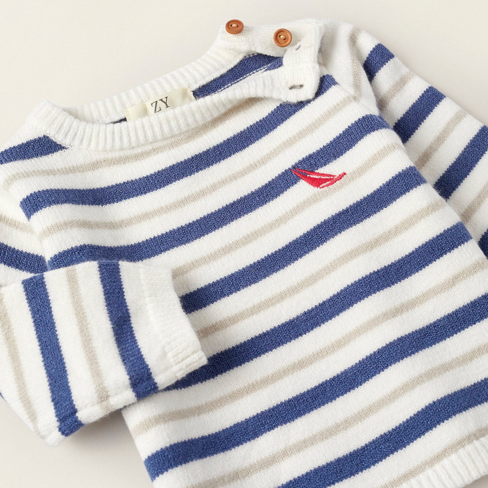 Striped Knit Jumper for Newborn Boys, Blue/White/Beige