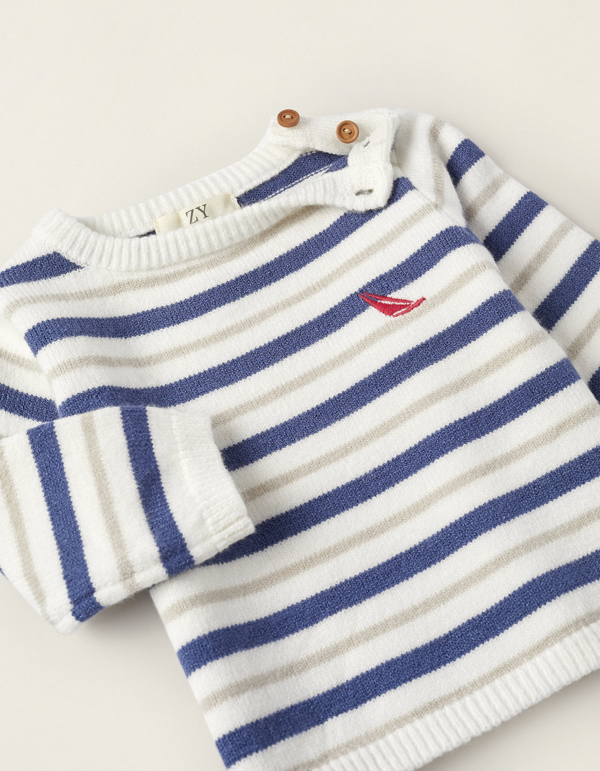 Striped Knit Jumper for Newborn Boys, Blue/White/Beige