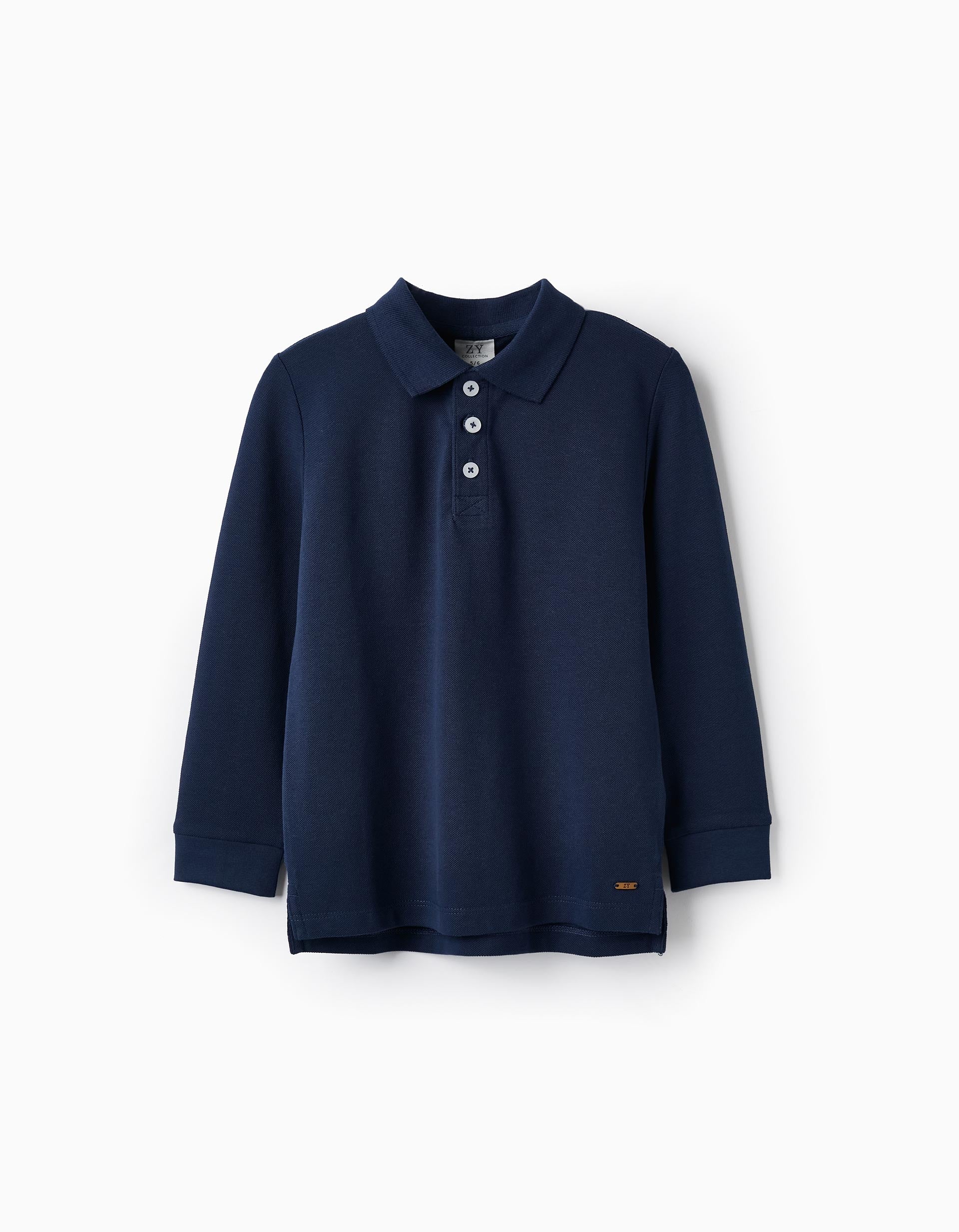 Long Sleeve Piqué Polo for Boys, Dark Blue