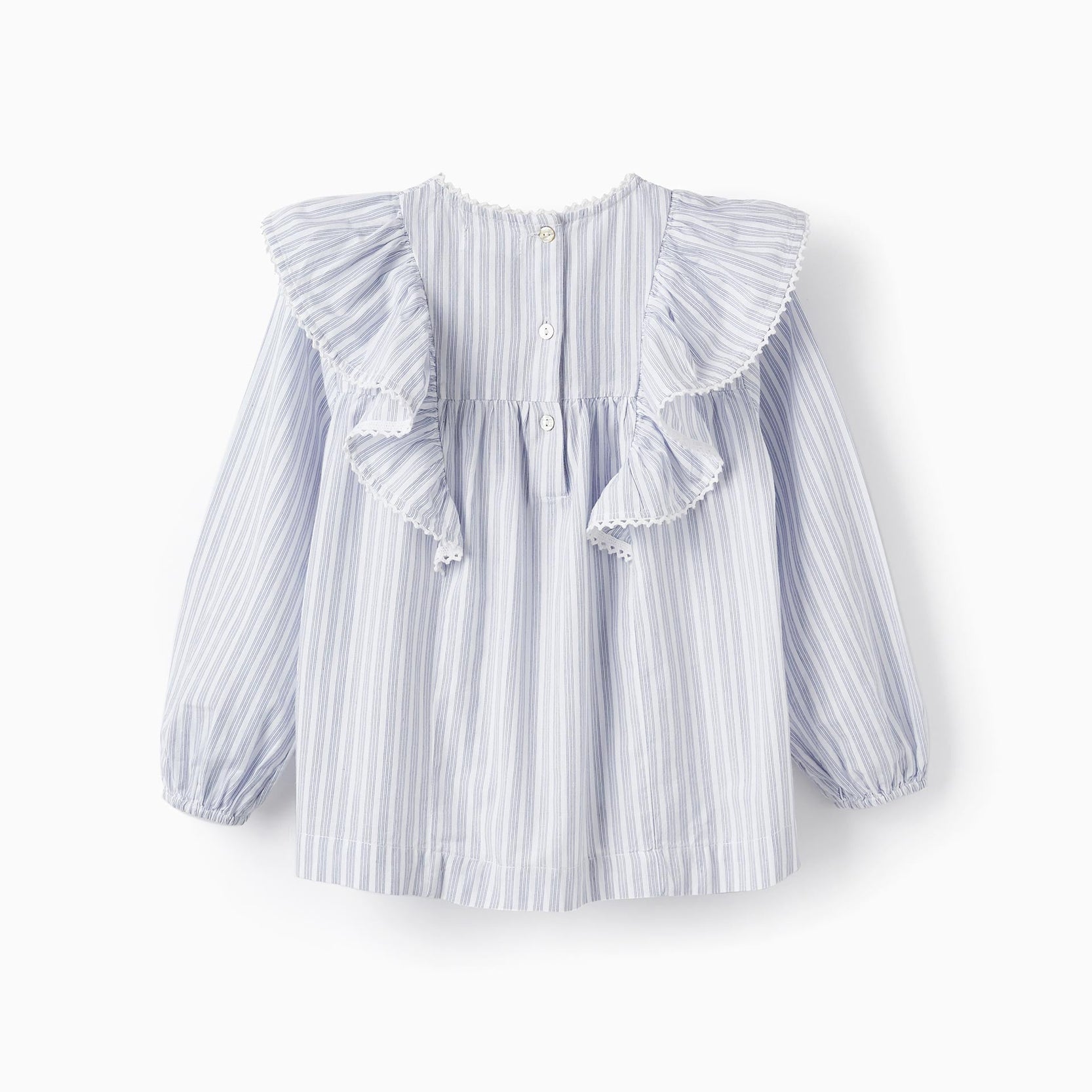 Cotton Shirt with Ruffles for Girls, White/Blue