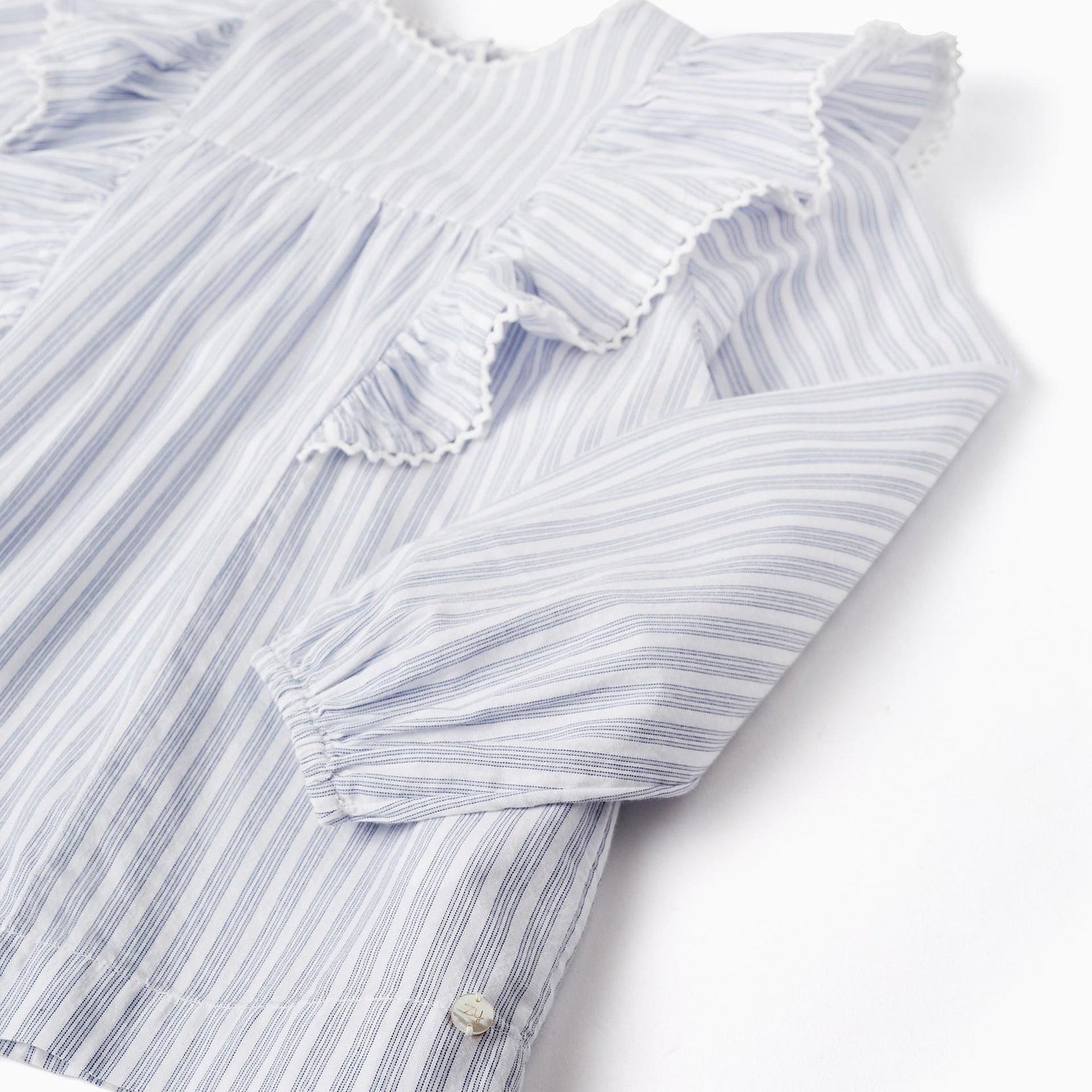 Cotton Shirt with Ruffles for Girls, White/Blue