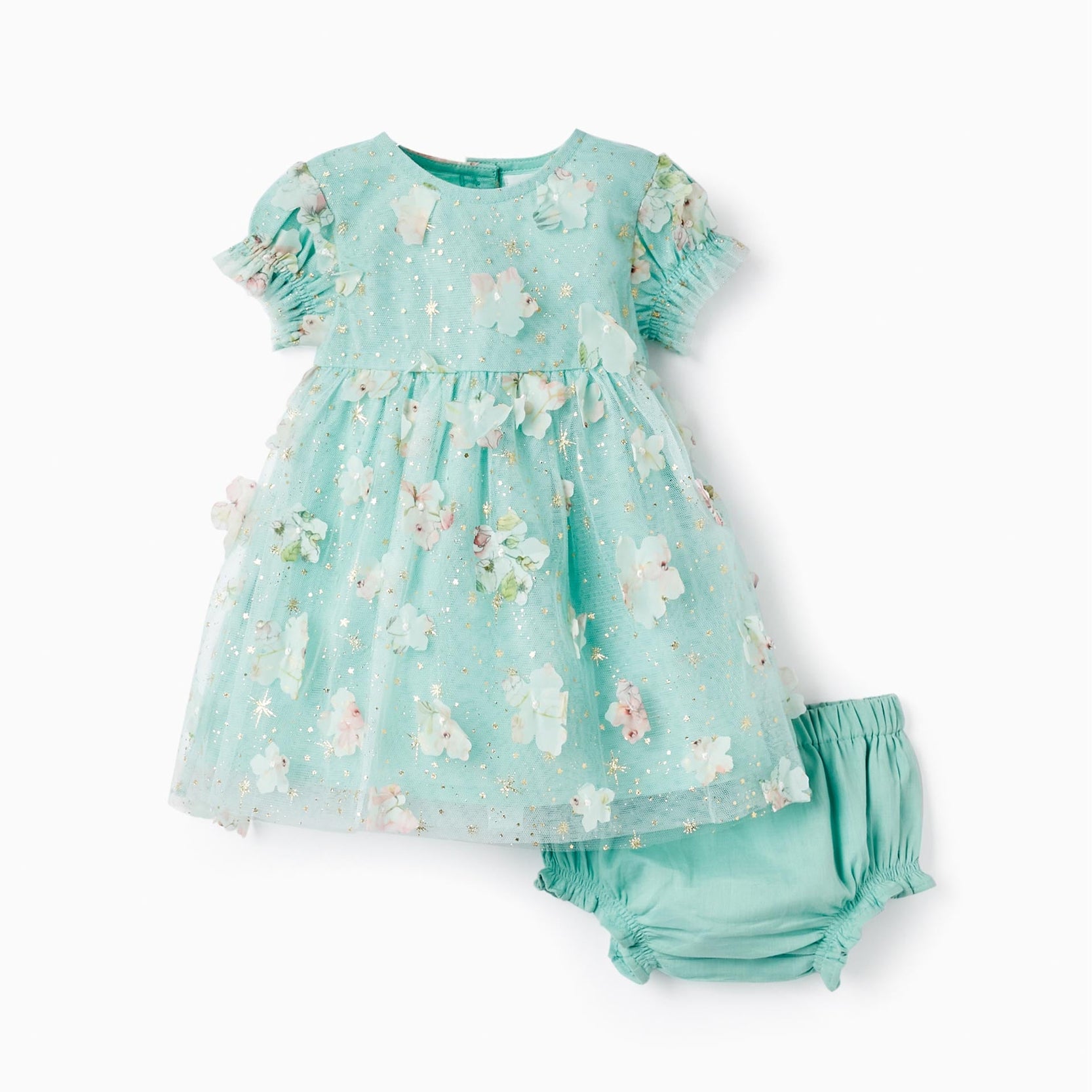 Tulle and Flowers Dress + Bloomers for Newborn Girls, Mint/Gold