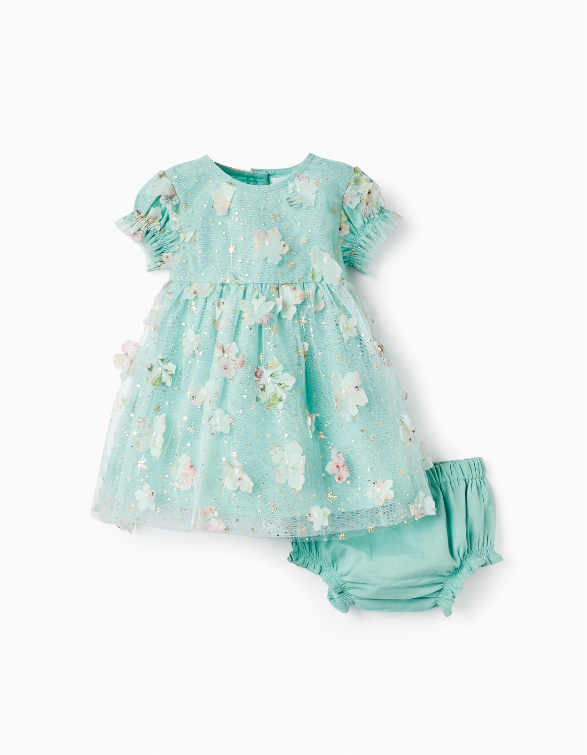 Tulle and Flowers Dress + Bloomers for Newborn Girls, Mint/Gold