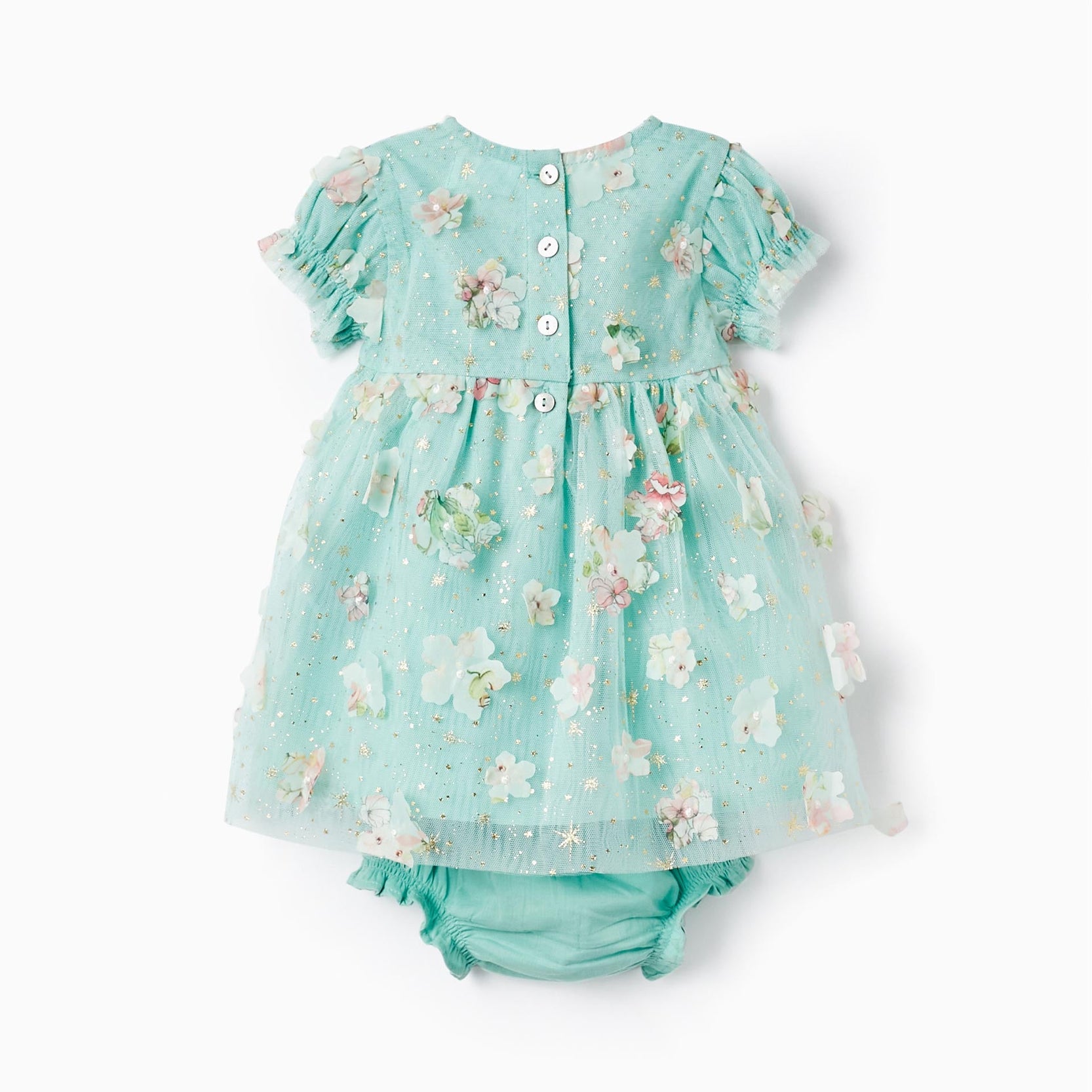 Tulle and Flowers Dress + Bloomers for Newborn Girls, Mint/Gold