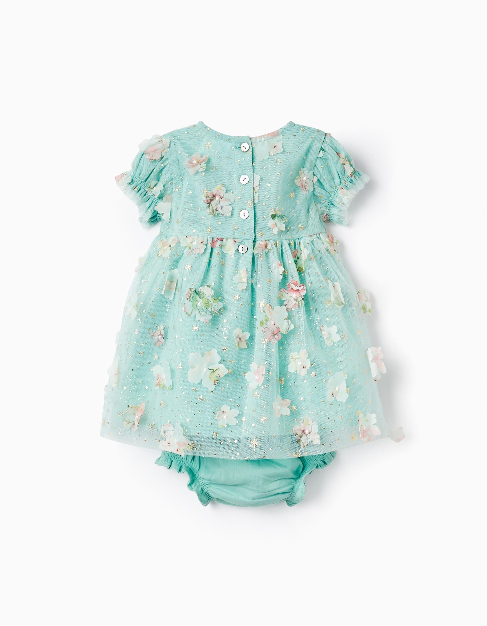 Tulle and Flowers Dress + Bloomers for Newborn Girls, Mint/Gold
