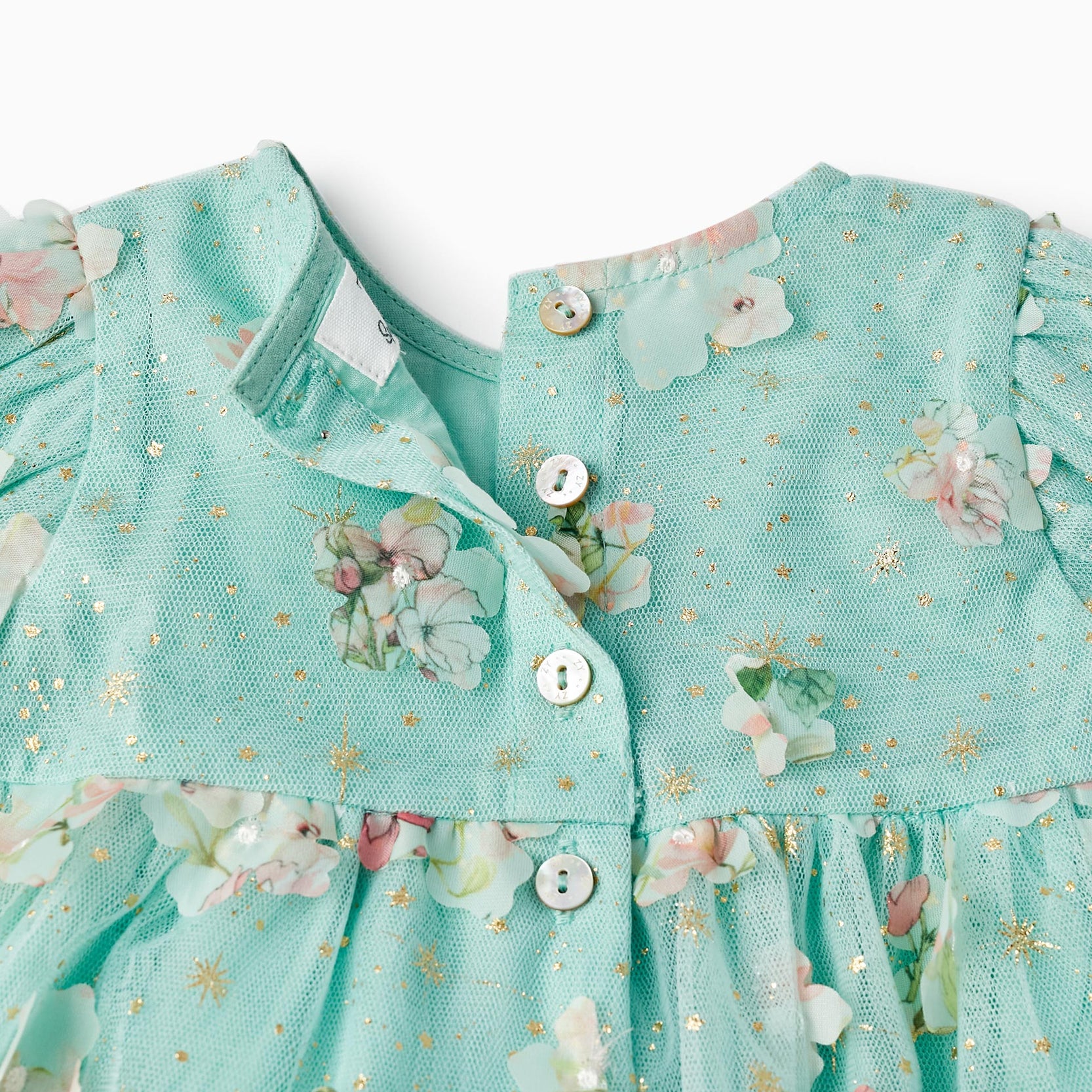 Tulle and Flowers Dress + Bloomers for Newborn Girls, Mint/Gold