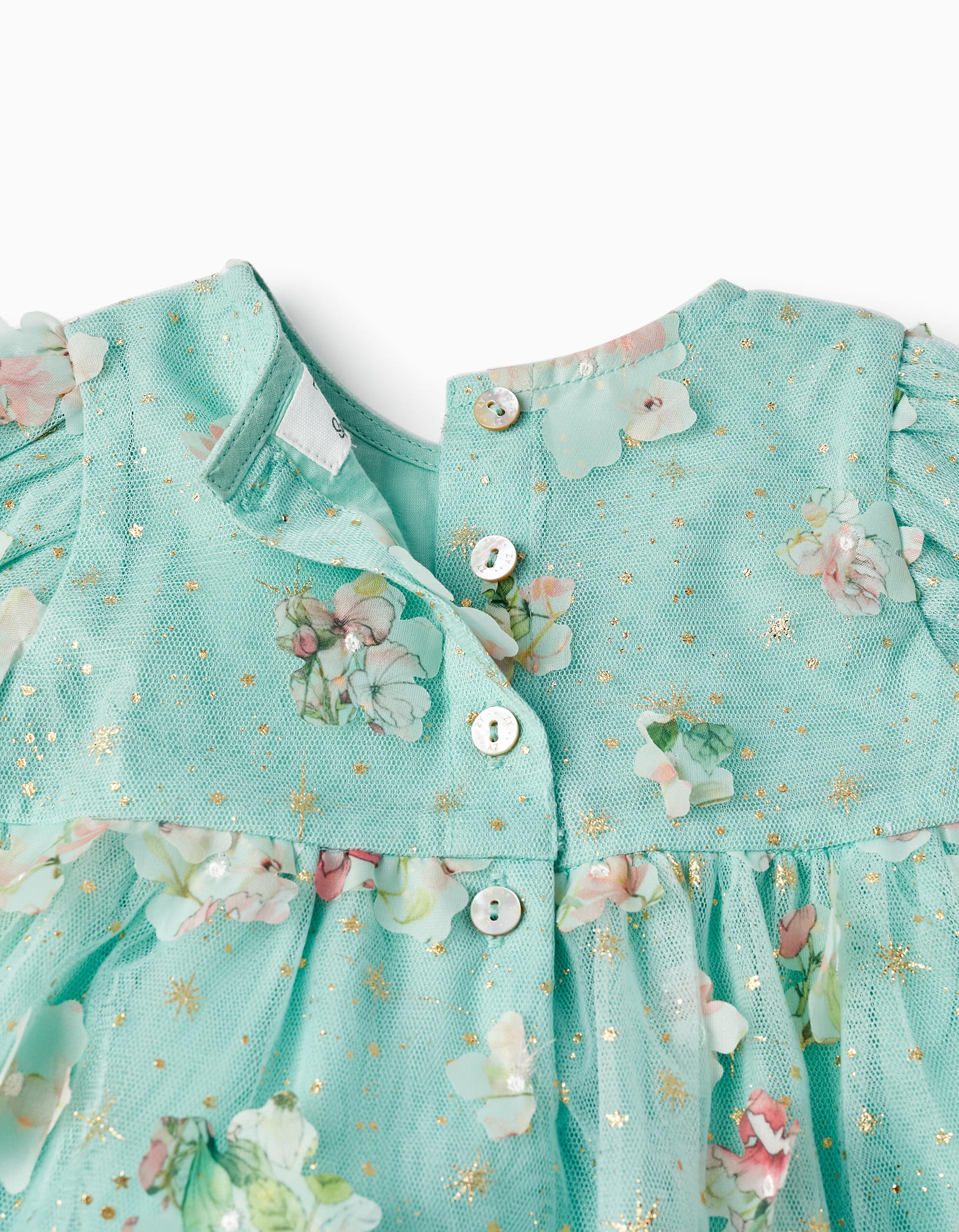 Tulle and Flowers Dress + Bloomers for Newborn Girls, Mint/Gold