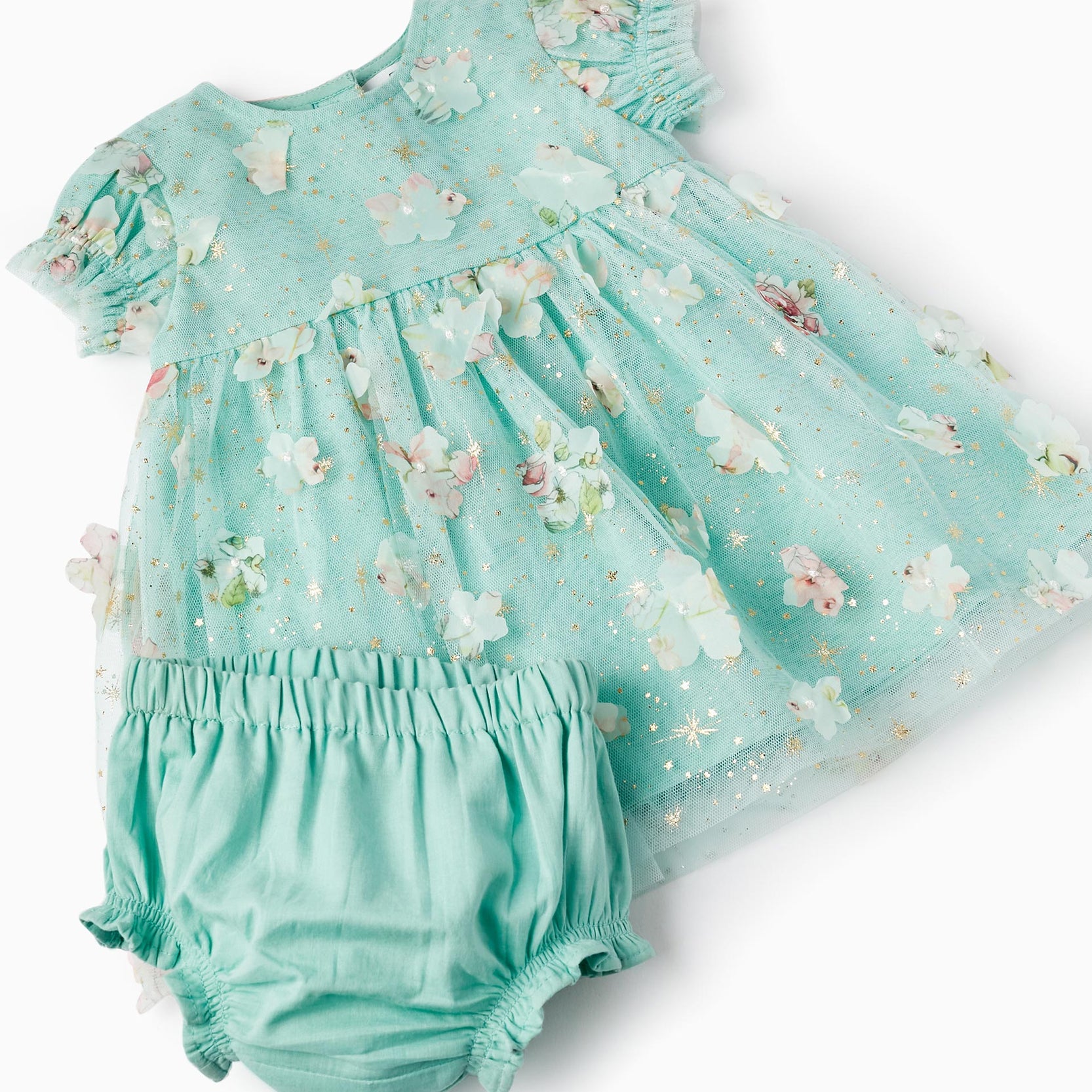 Tulle and Flowers Dress + Bloomers for Newborn Girls, Mint/Gold