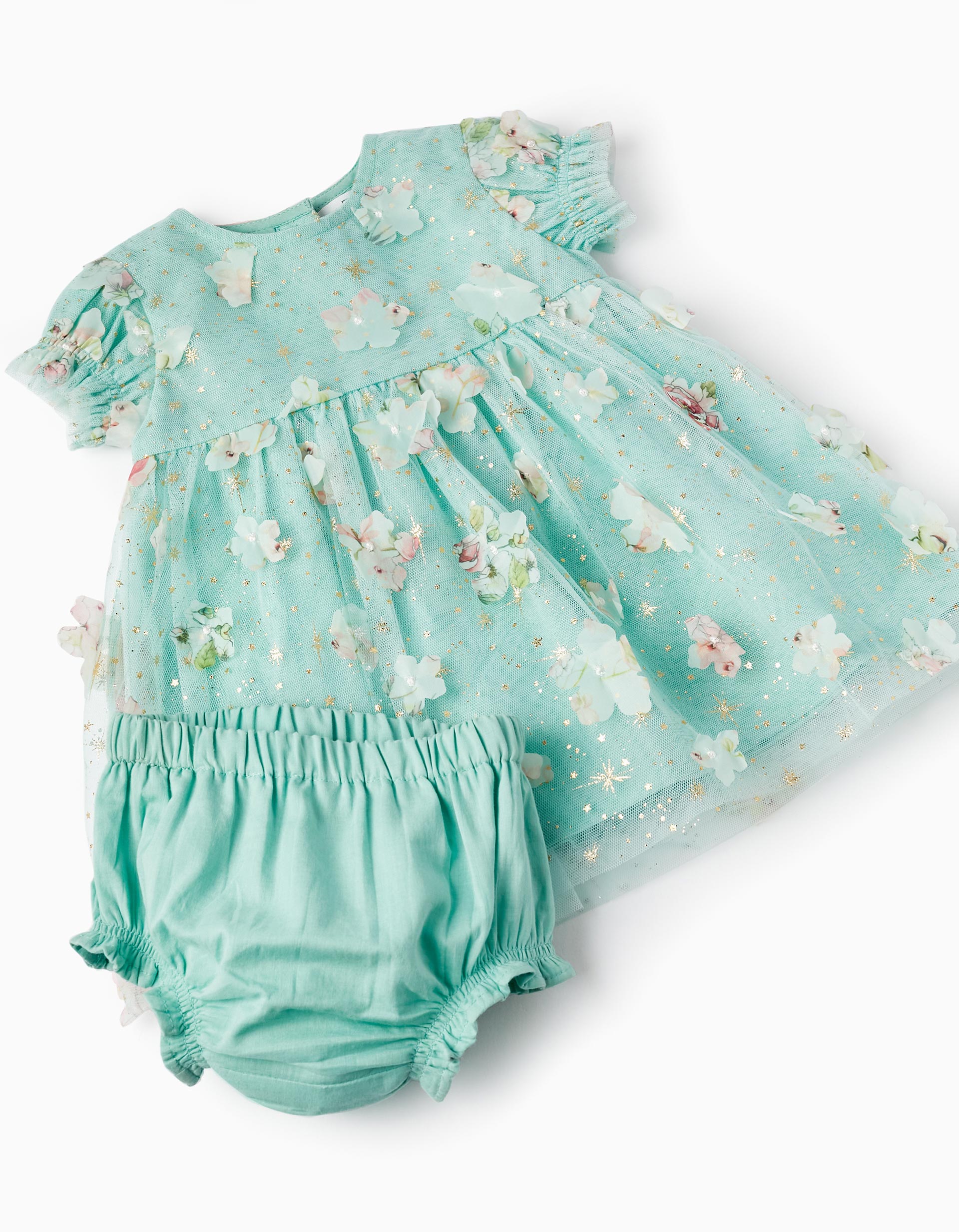 Tulle and Flowers Dress + Bloomers for Newborn Girls, Mint/Gold