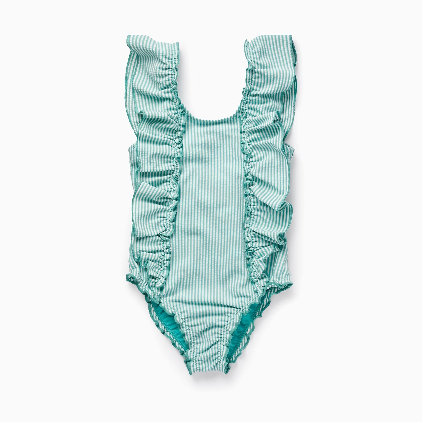 Striped Swimsuit with Ruffles for Girls, Green/White