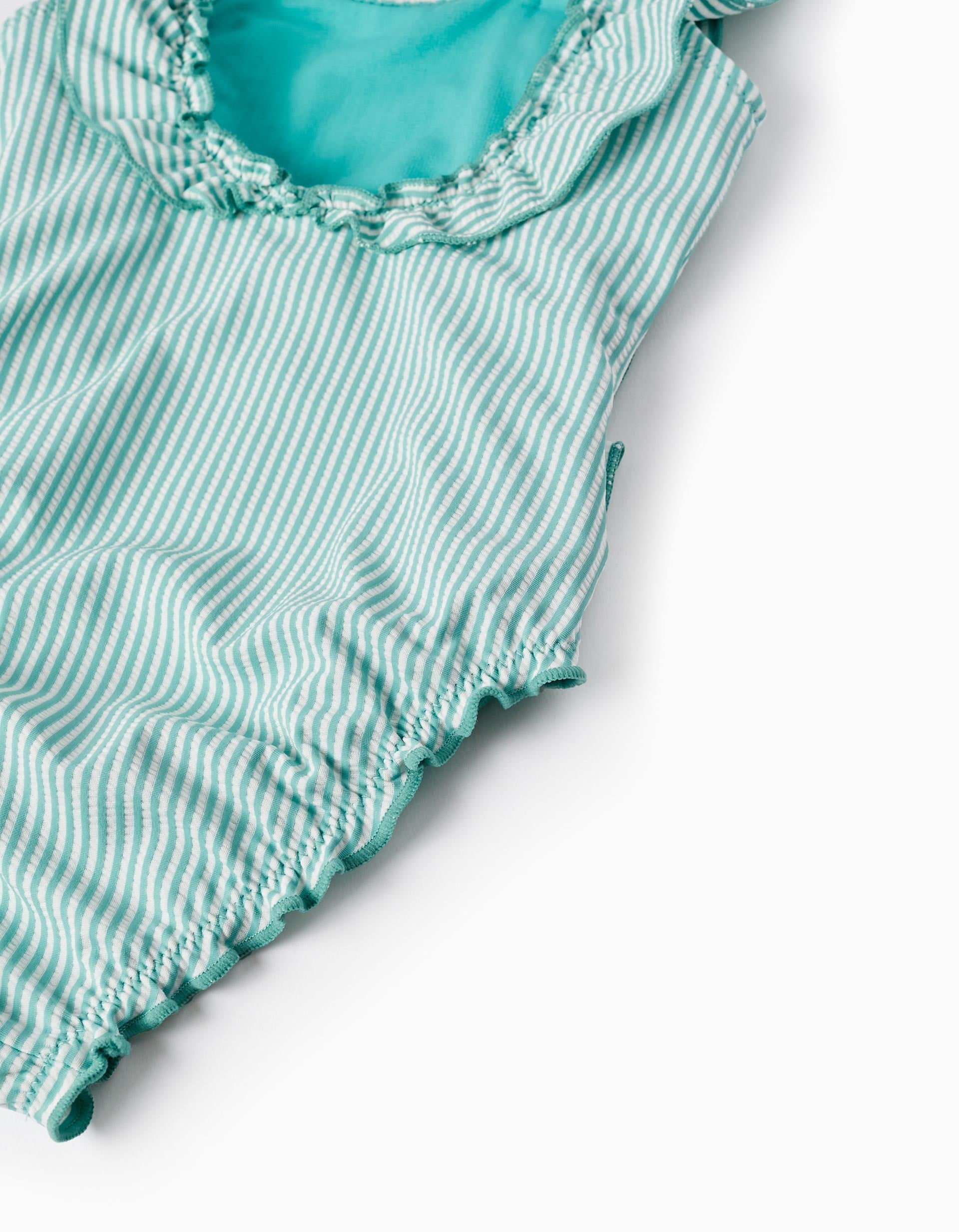 Striped Swimsuit with Ruffles for Girls, Green/White