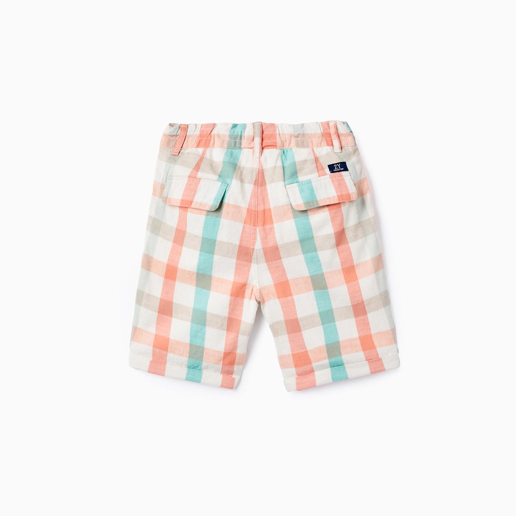 Checkered Cotton Shorts for Boys 'B&S', Aqua Green/Coral