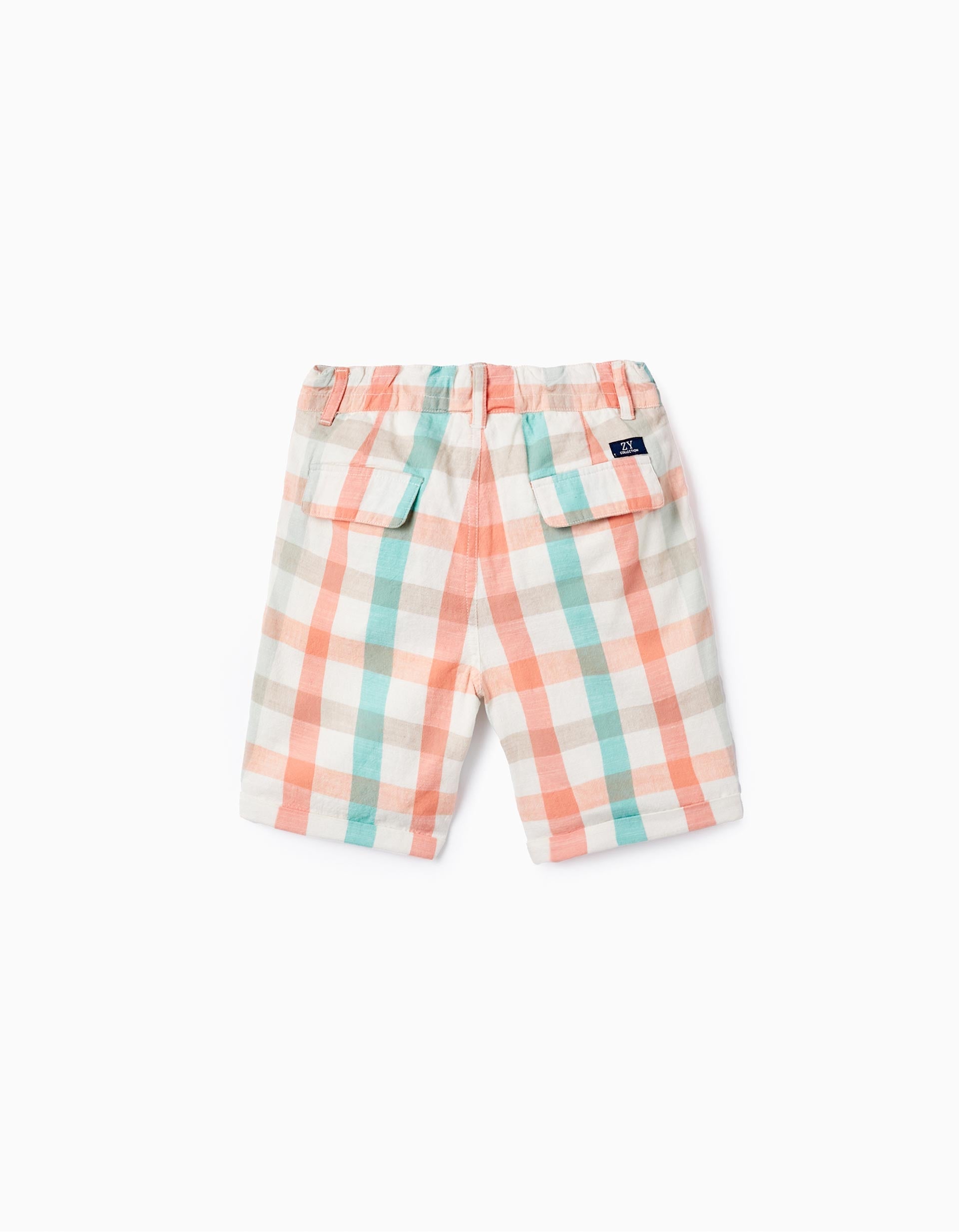 Checkered Cotton Shorts for Boys 'B&S', Aqua Green/Coral
