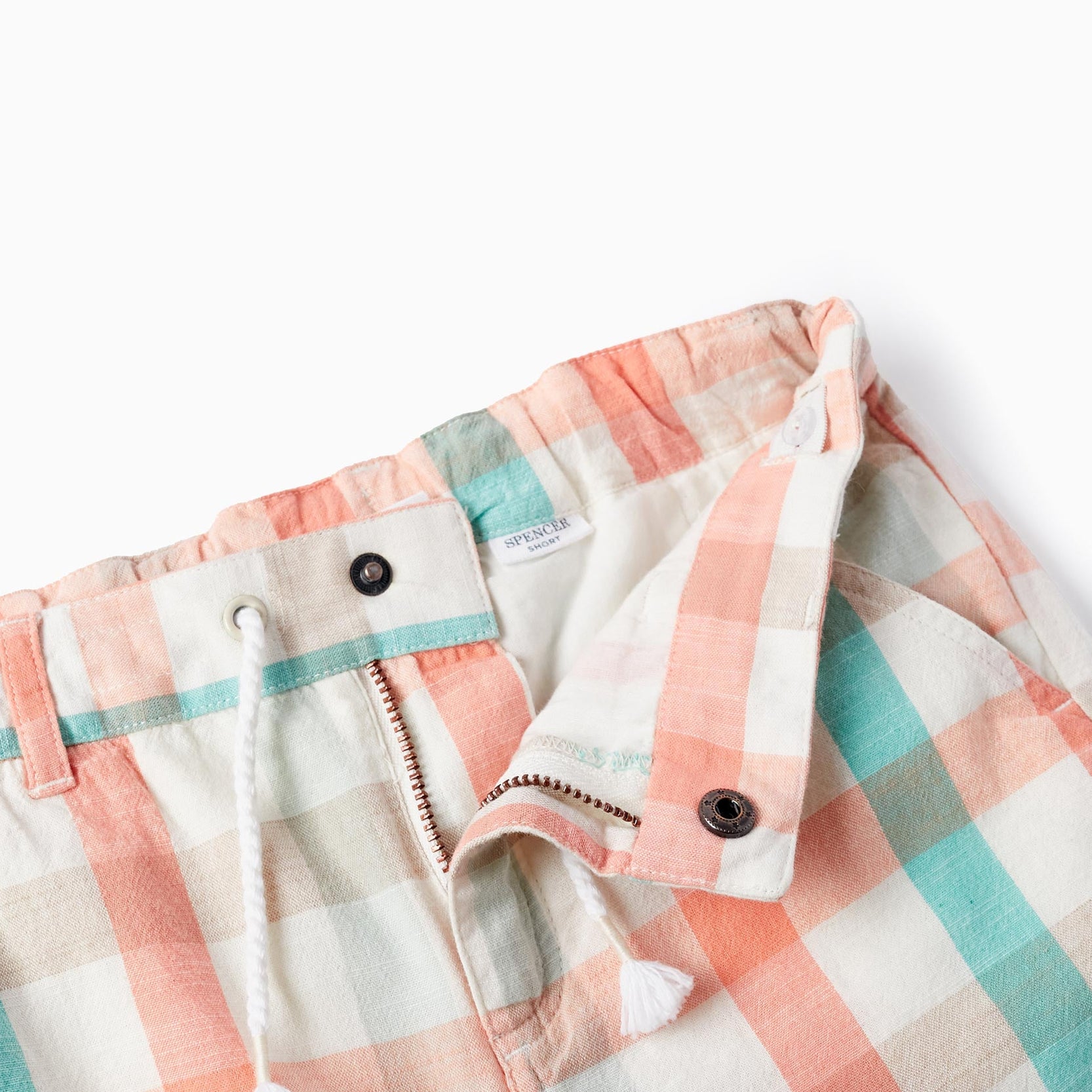 Checkered Cotton Shorts for Boys 'B&S', Aqua Green/Coral