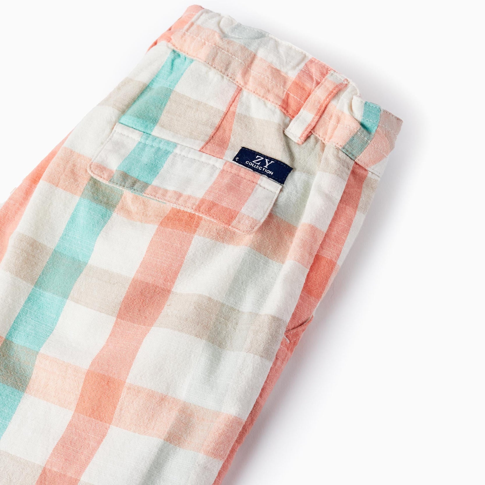 Checkered Cotton Shorts for Boys 'B&S', Aqua Green/Coral