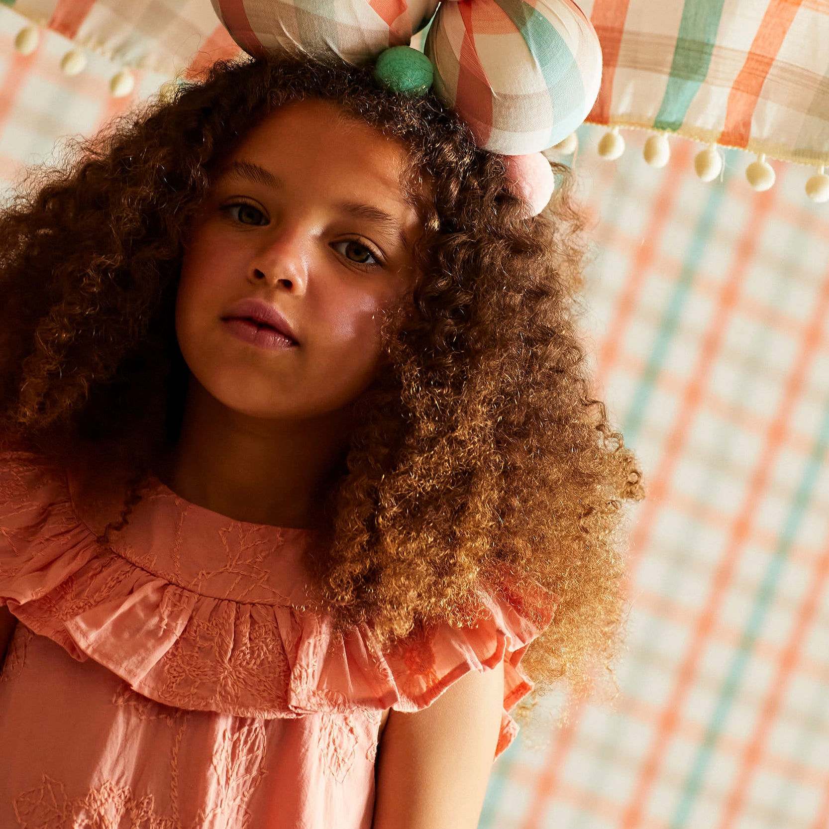 Cotton Dress with Embroidery and Ruffles for Girls, Coral