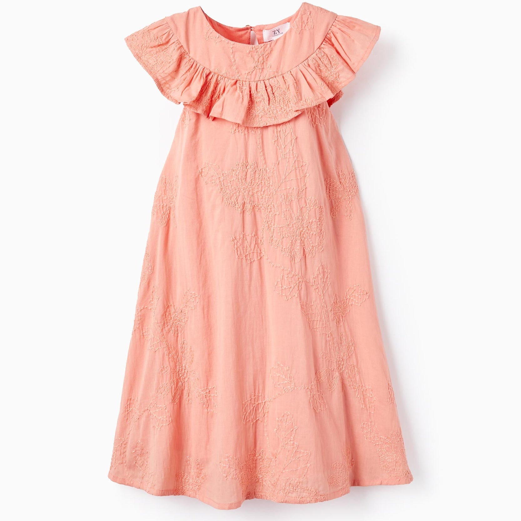 Cotton Dress with Embroidery and Ruffles for Girls, Coral