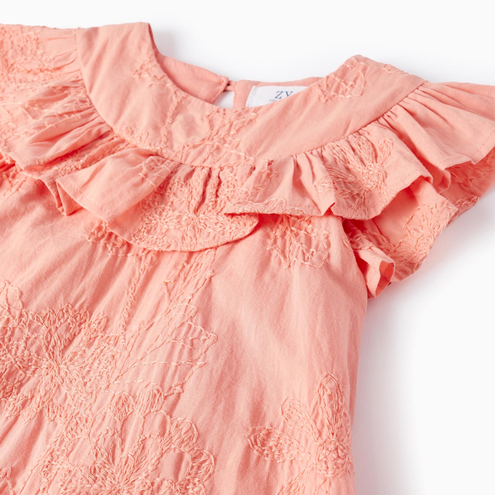 Cotton Dress with Embroidery and Ruffles for Girls, Coral