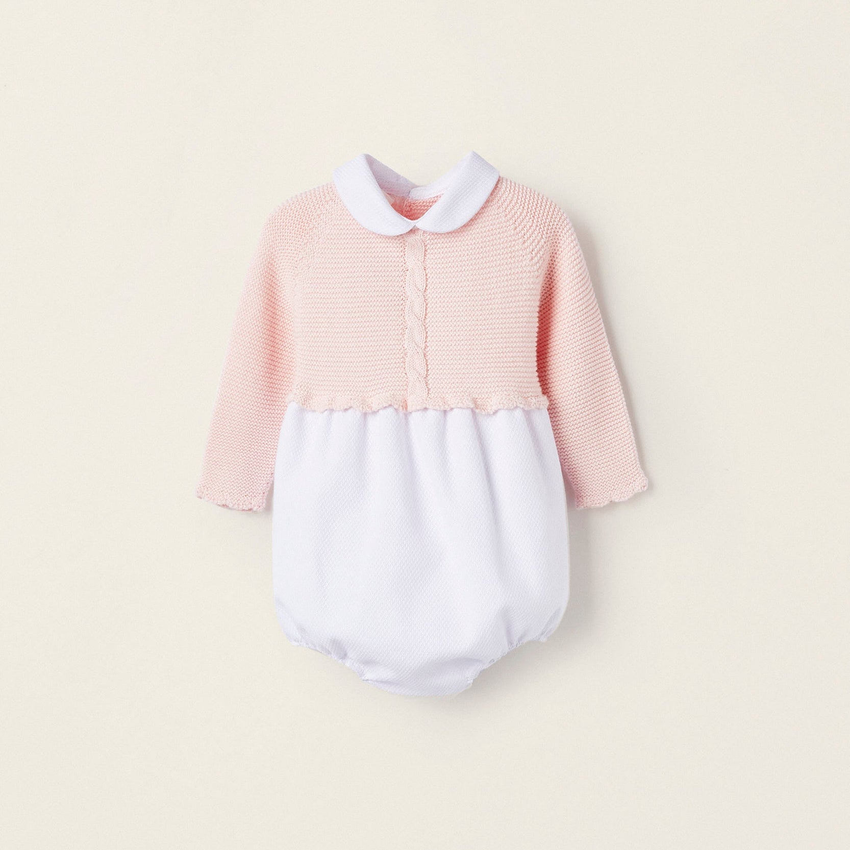 Long Sleeve Combined Bodysuit for Newborn Girls, Light Pink/White