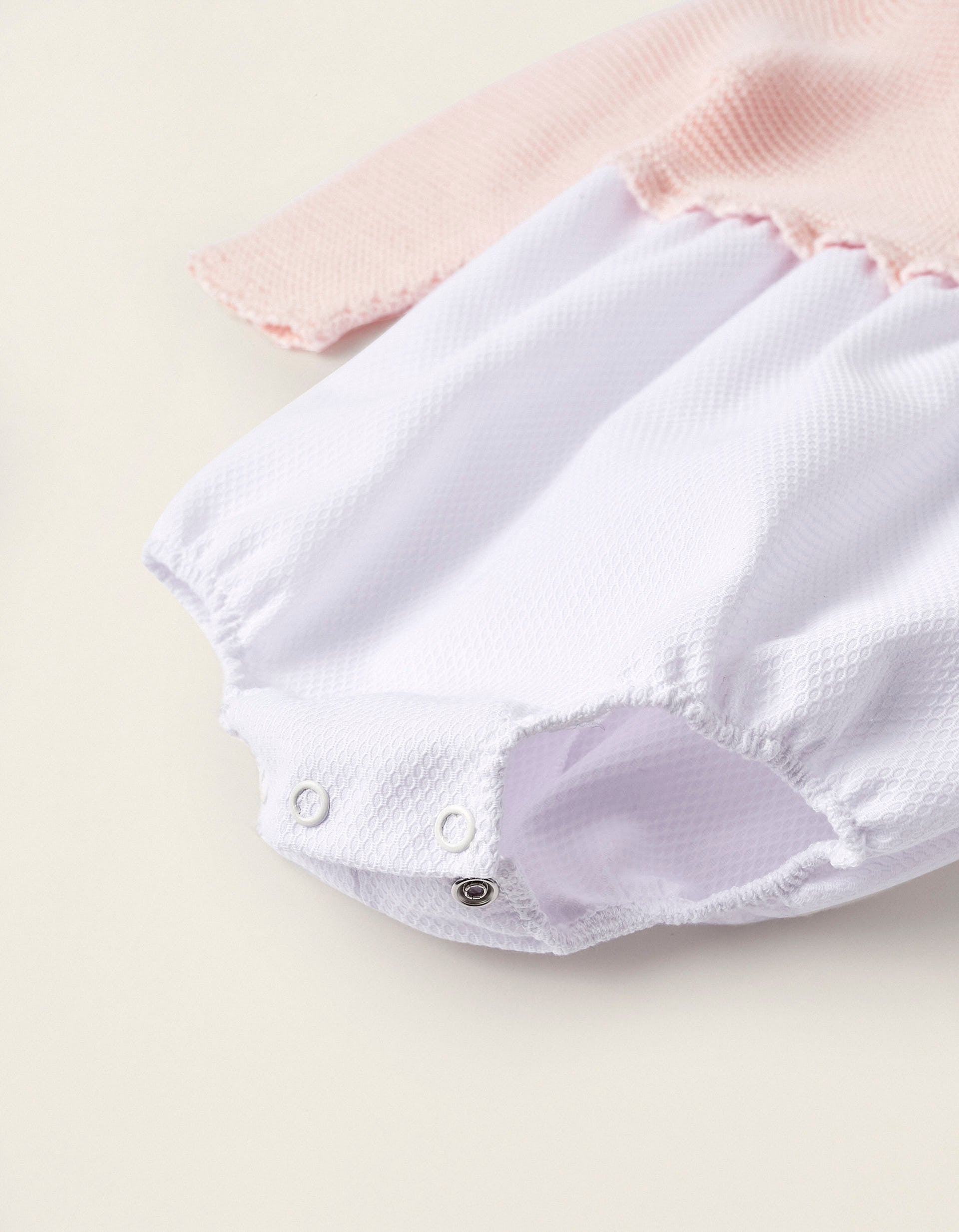 Long Sleeve Combined Bodysuit for Newborn Girls, Light Pink/White