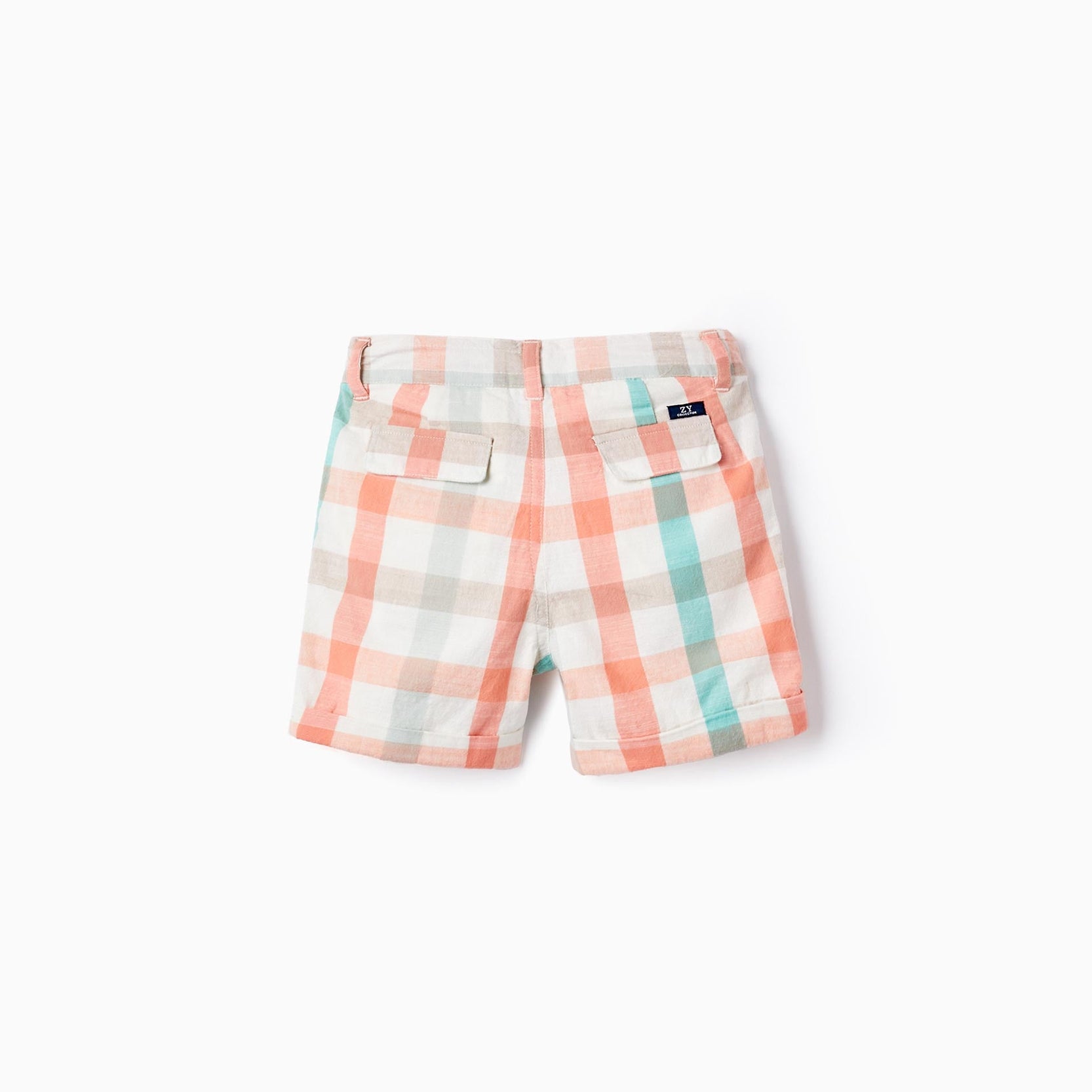 Checkered Cotton Shorts for Baby Boys, Aqua Green/Coral