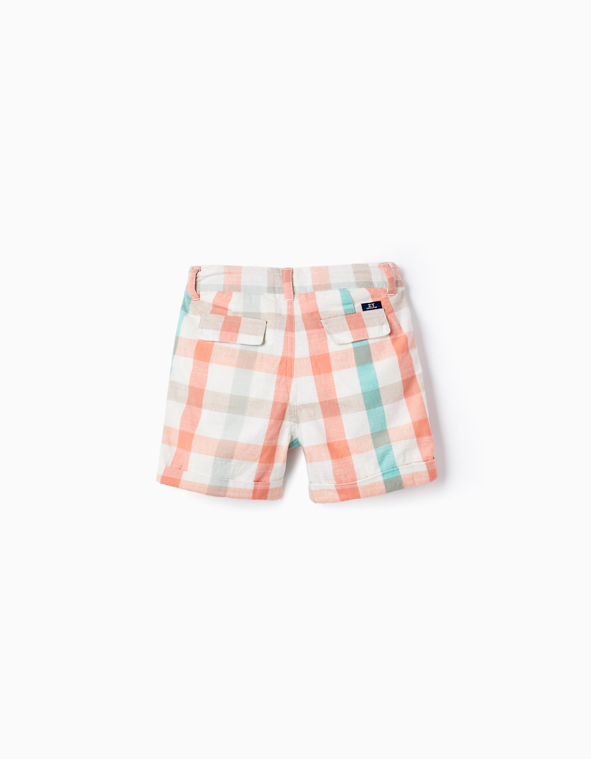 Checkered Cotton Shorts for Baby Boys, Aqua Green/Coral
