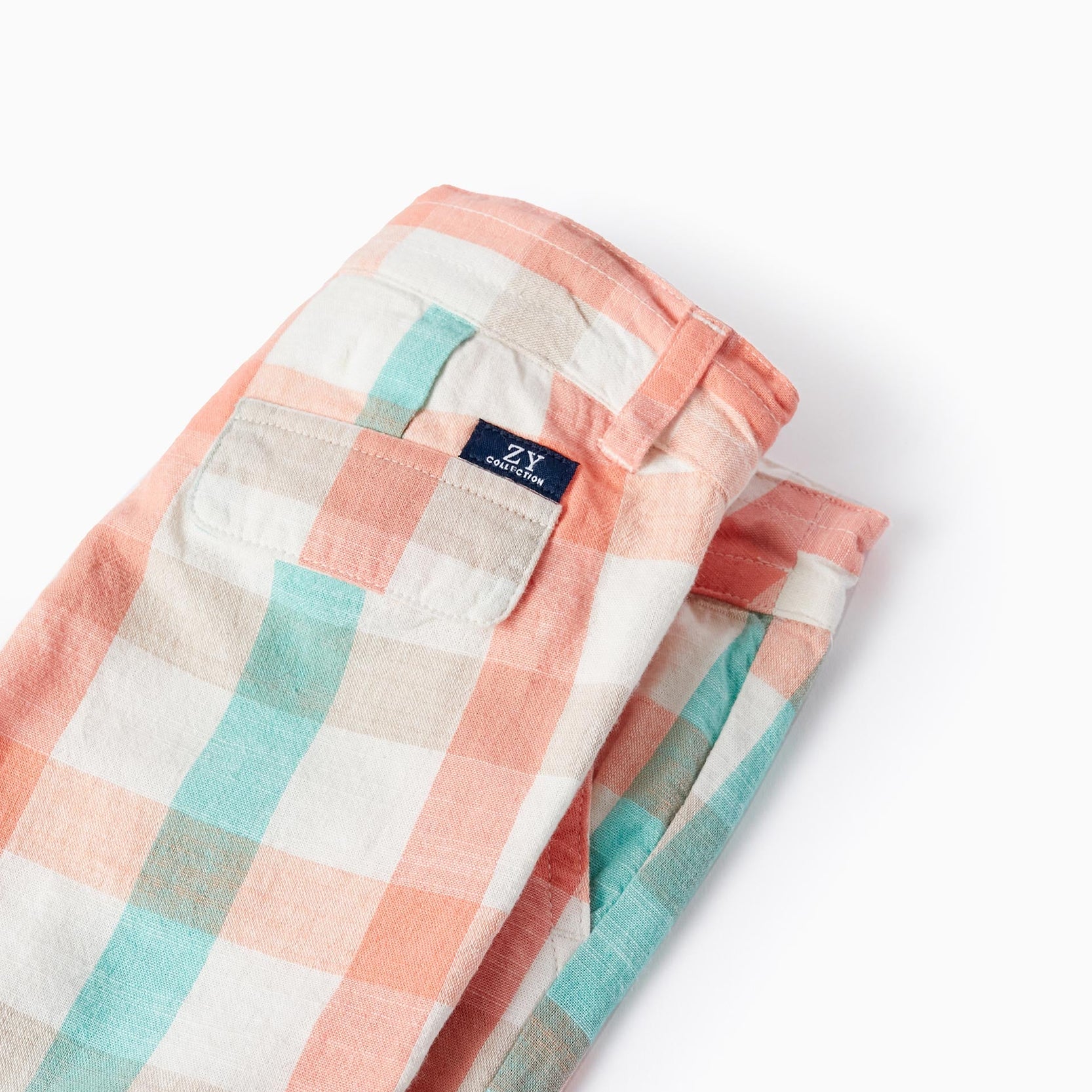 Checkered Cotton Shorts for Baby Boys, Aqua Green/Coral