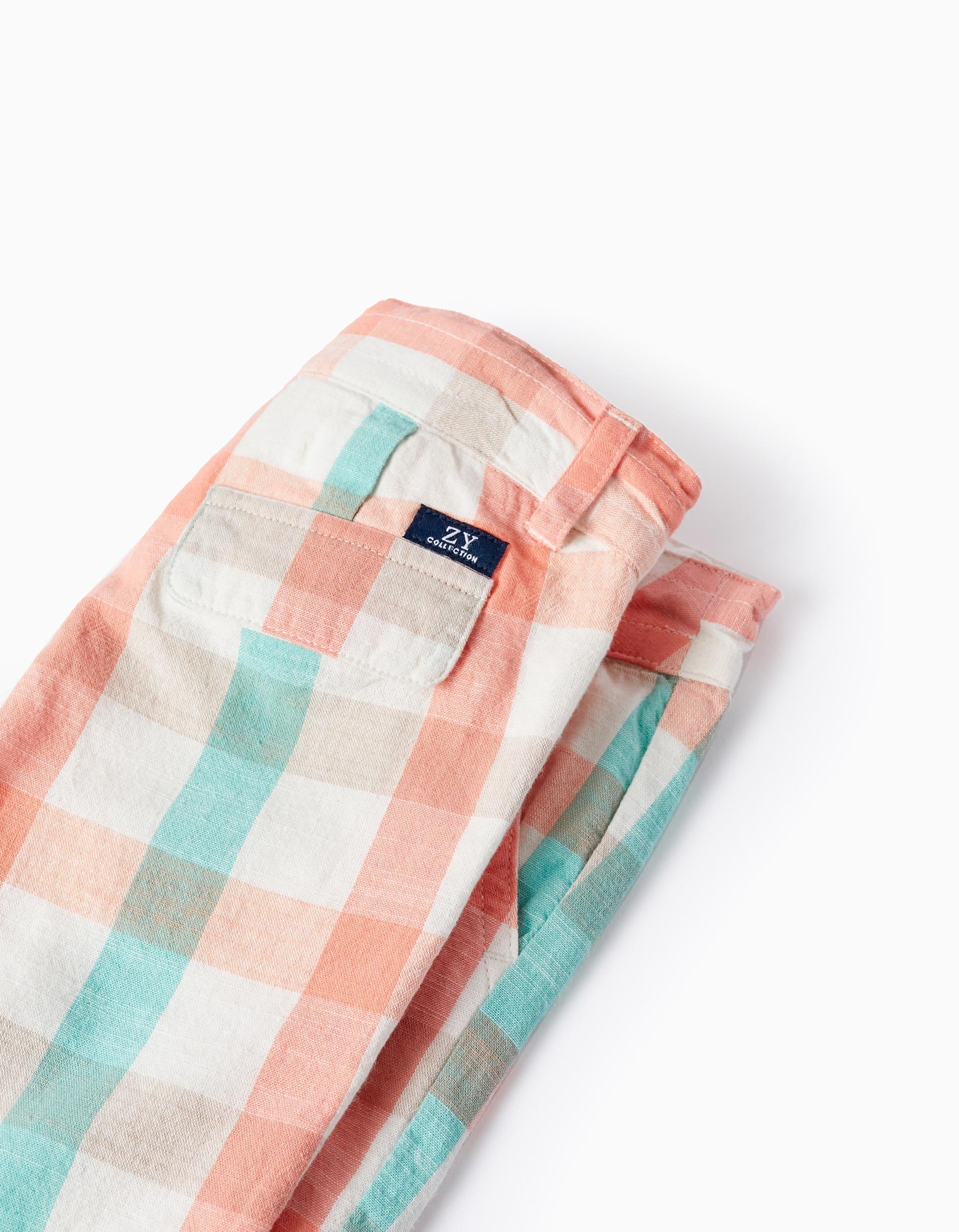 Checkered Cotton Shorts for Baby Boys, Aqua Green/Coral