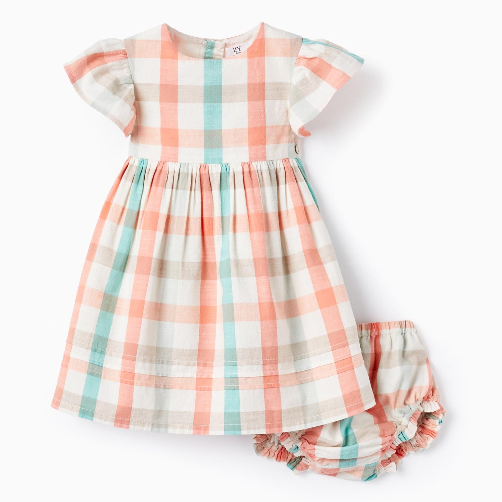Checked Dress + Bloomers for Baby Girls 'B&S', Coral/Green Water