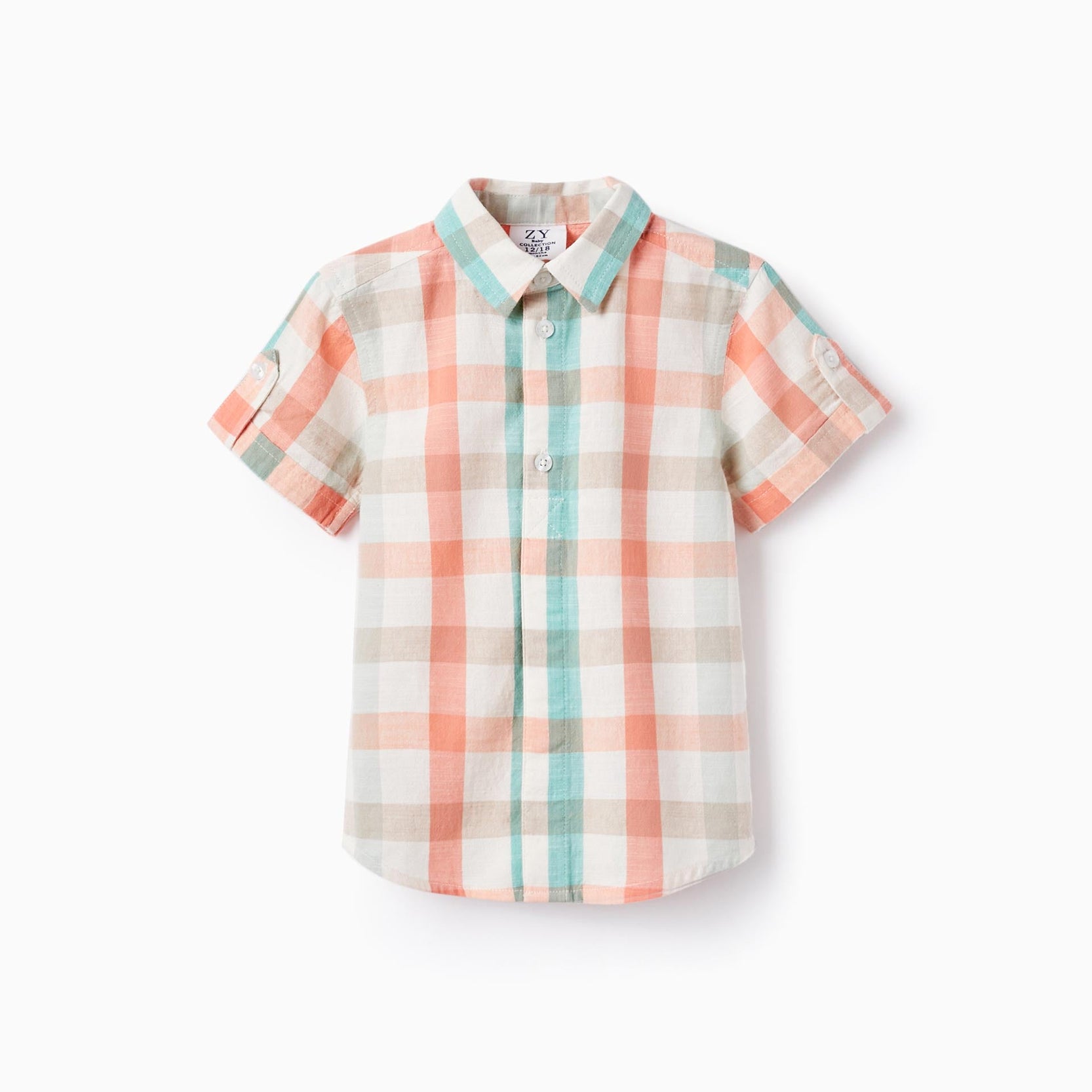Checked Shirt in Cotton for Baby Boys 'B&S', Aqua Green/Coral