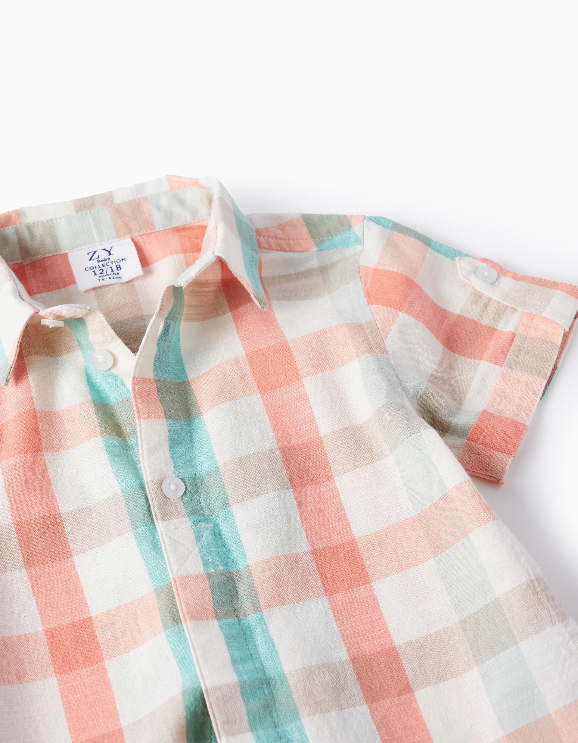 Checked Shirt in Cotton for Baby Boys 'B&S', Aqua Green/Coral
