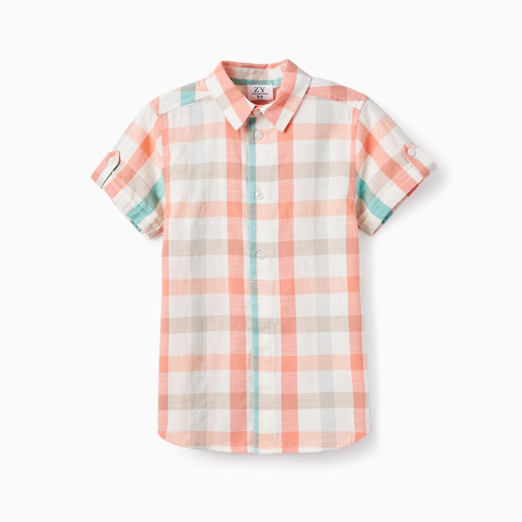 Checked Shirt in Cotton for Boys 'B&S', Aqua Green/Coral
