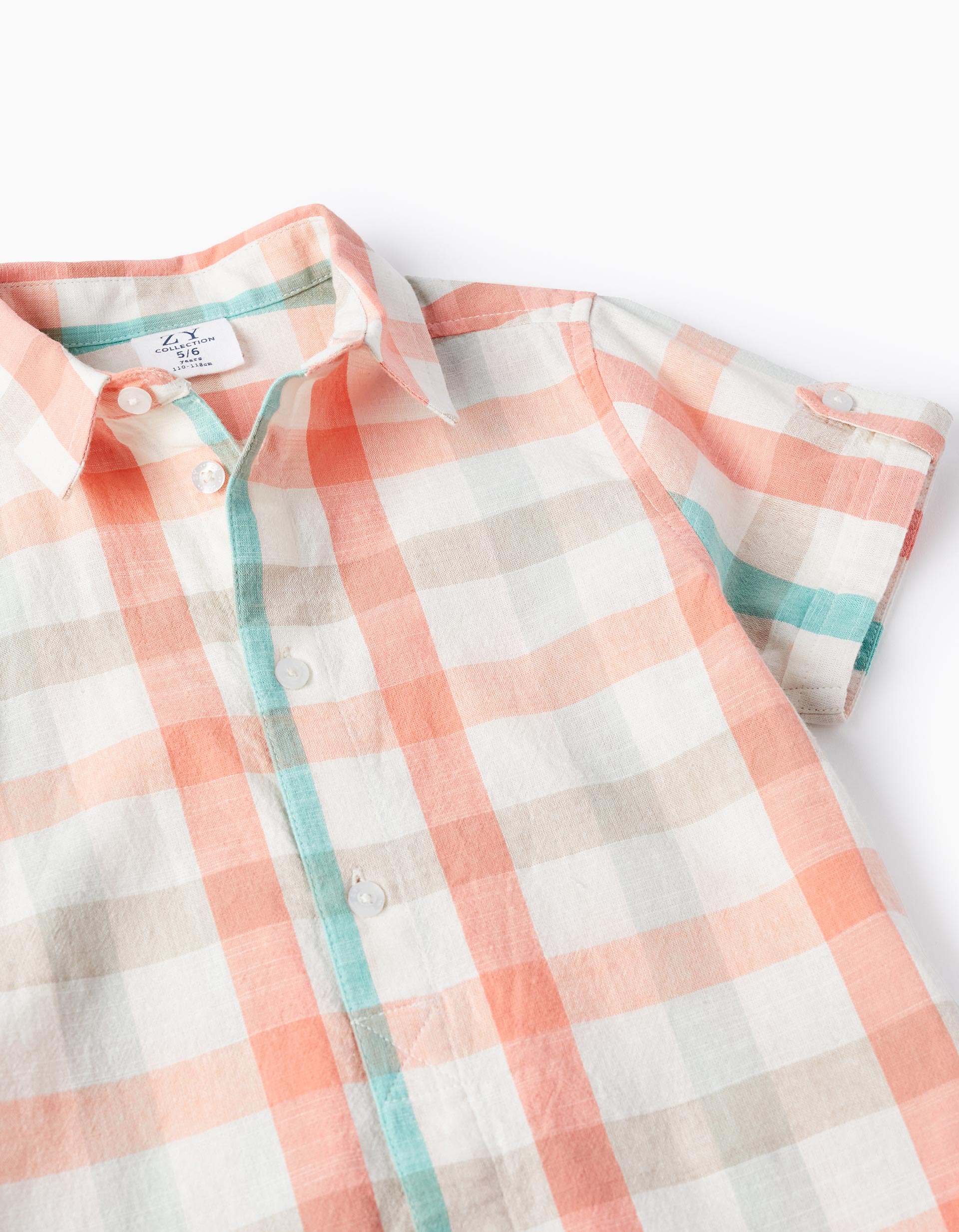 Checked Shirt in Cotton for Boys 'B&S', Aqua Green/Coral