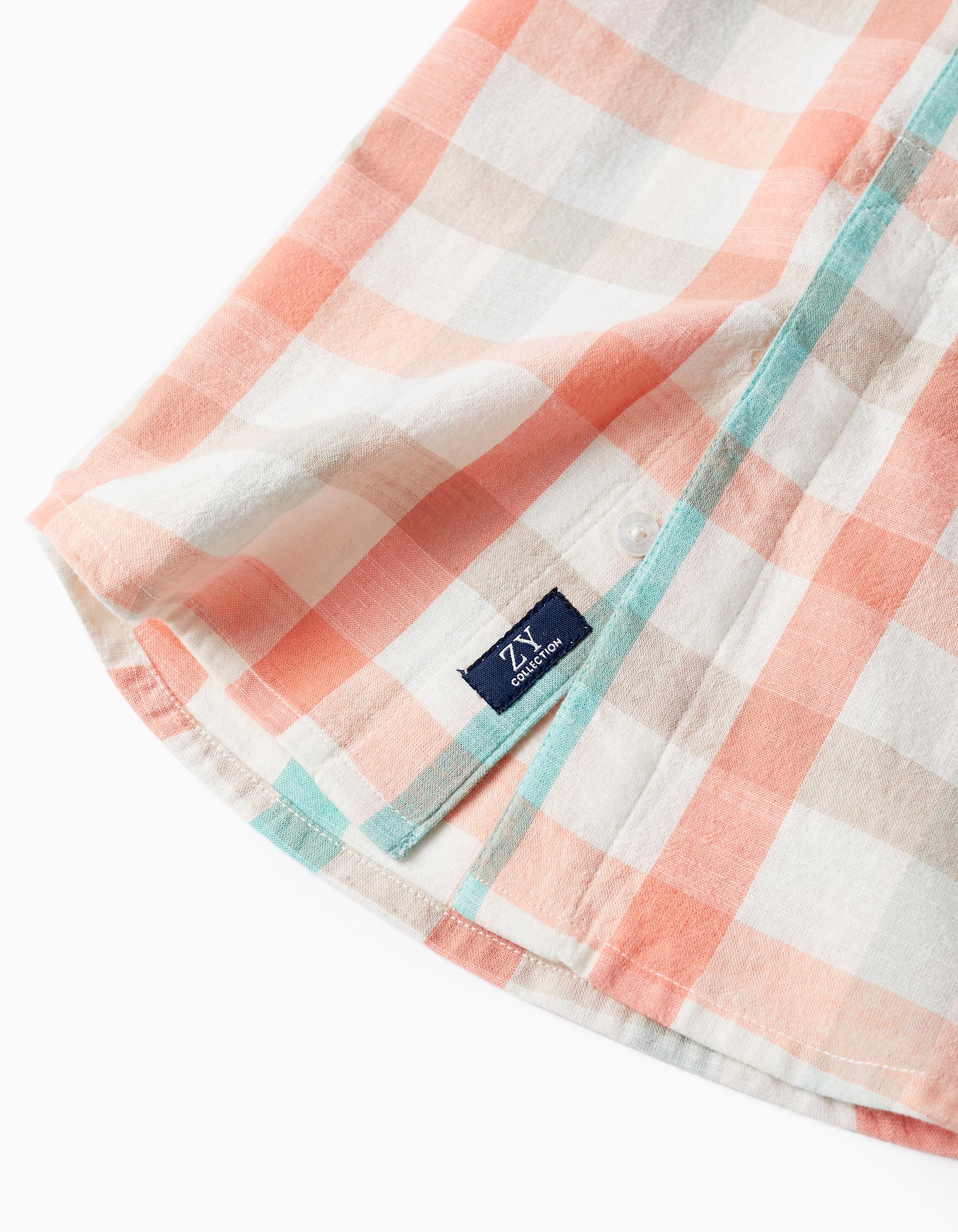 Checked Shirt in Cotton for Boys 'B&S', Aqua Green/Coral